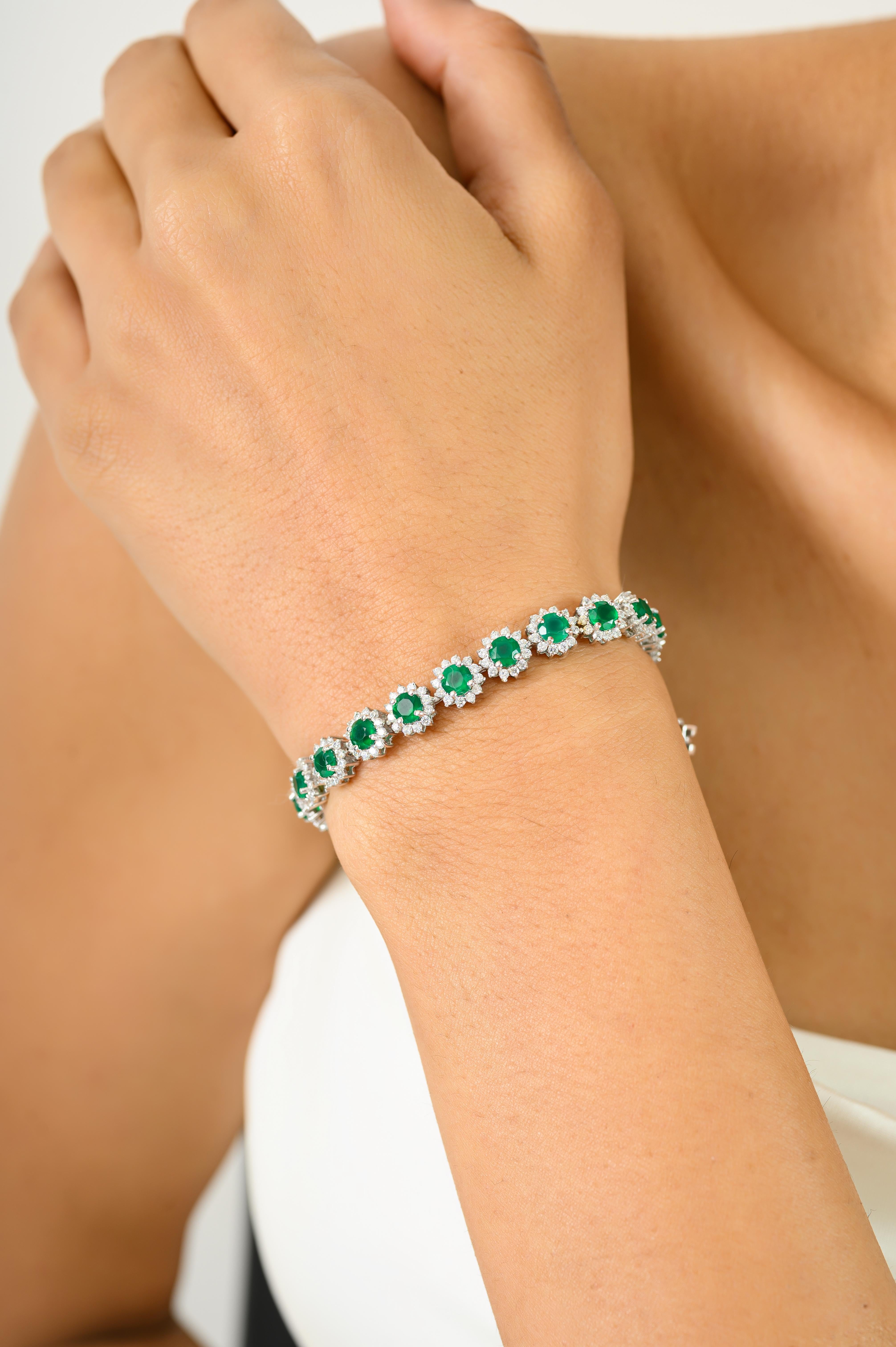De las mujeres Pulsera de tenis con halo de circonitas y esmeralda de calidad AAA para ella en plata 925 en venta