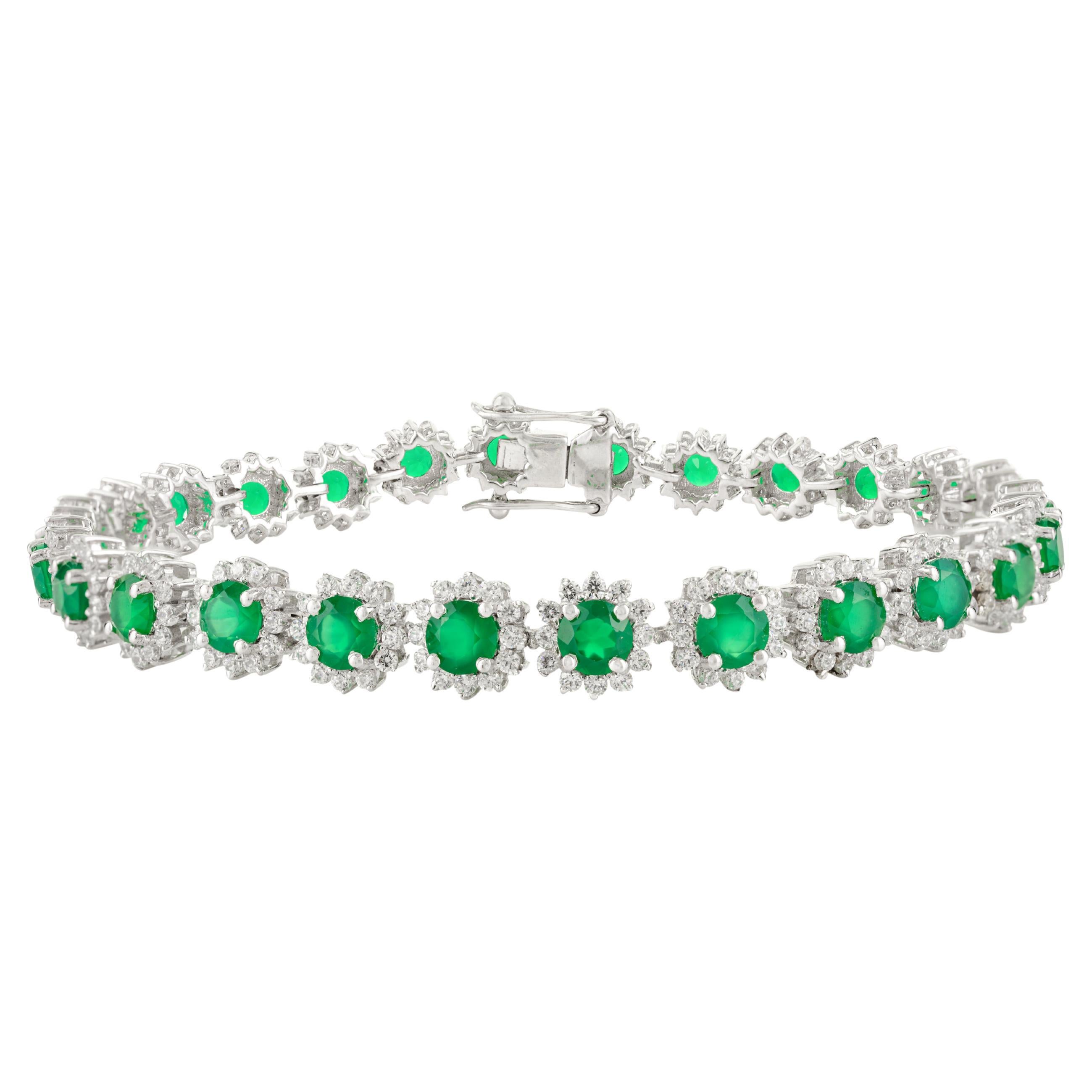 Pulsera de tenis con halo de circonitas y esmeralda de calidad AAA para ella en plata 925 en venta