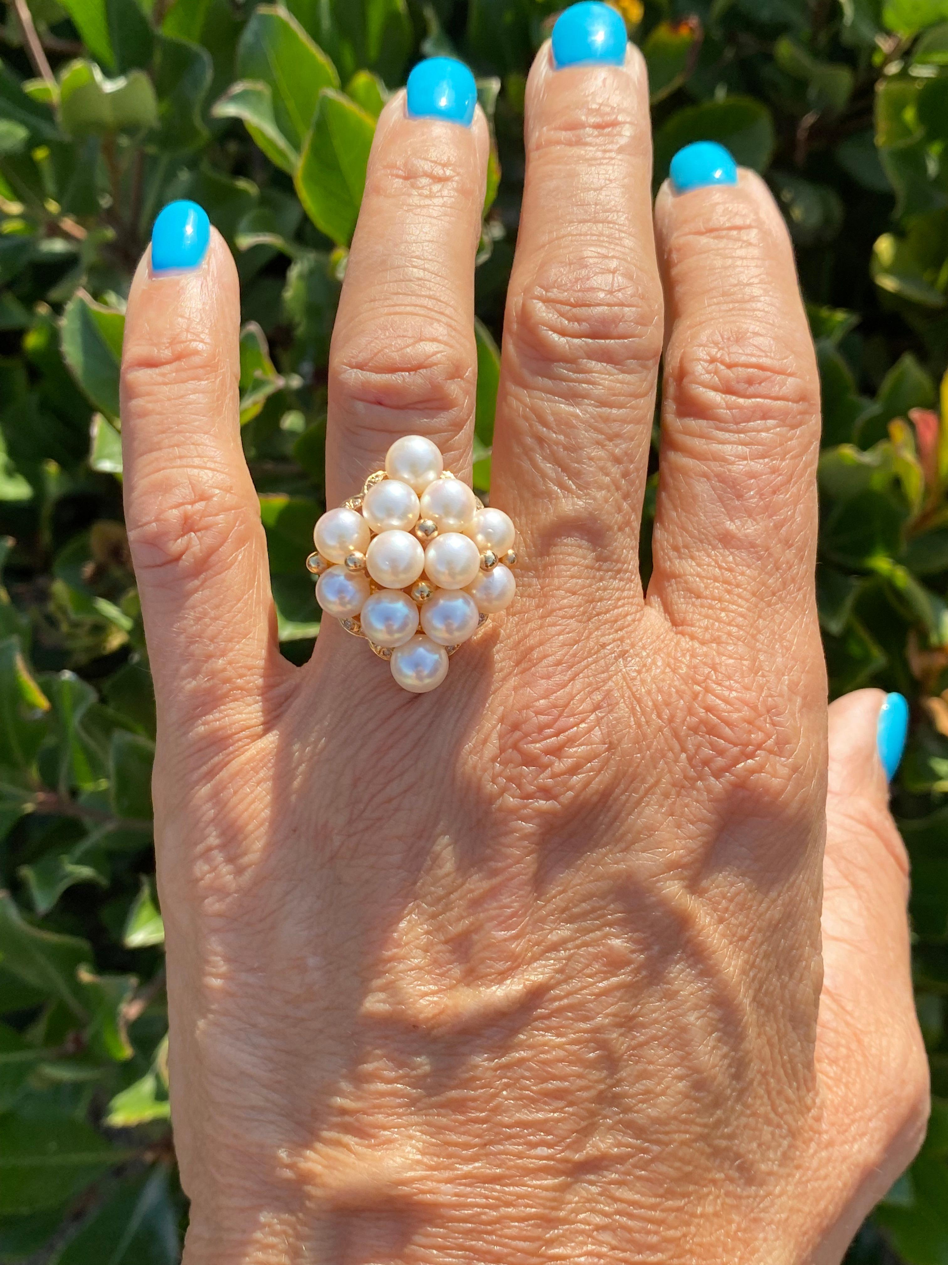 AAA Qualität Perlen-Cluster-Ring mit Diamant 14 Karat Gelbgold für Damen oder Herren im Angebot