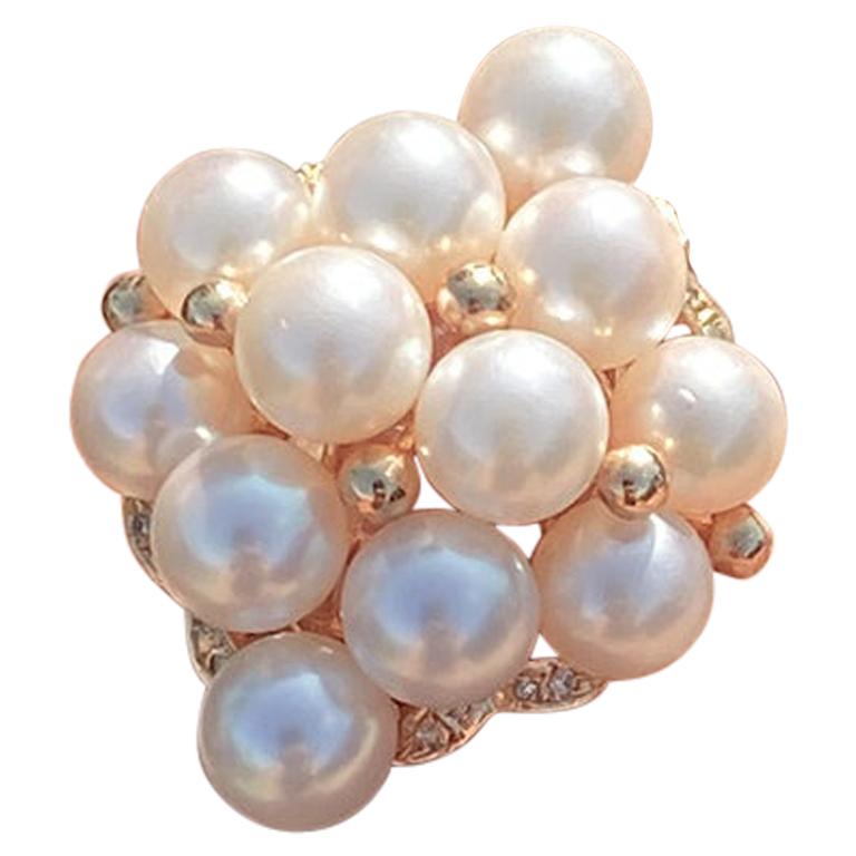AAA Qualität Perlen-Cluster-Ring mit Diamant 14 Karat Gelbgold im Angebot