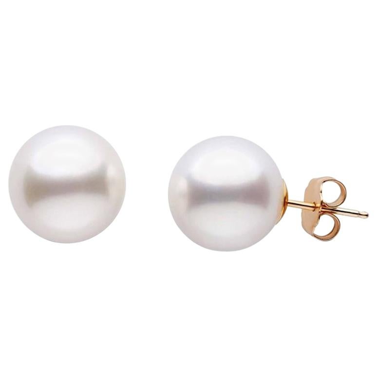 AAA Quality Round South Sea Cultured Pearl Earring Stud on 14 Karat Yellow Gold For Sale