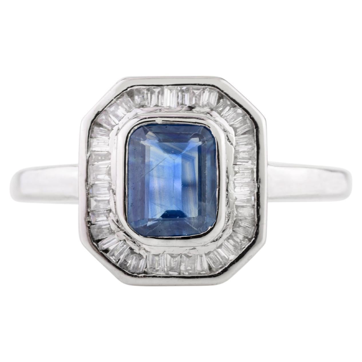 For Sale:  AAA Quality Sapphire Art Deco Engagement Ring with Diamonds in 18k White Gold