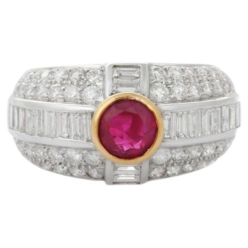 AAA Ruby Diamond Cluster Dome Ring for Wedding in 18k Solid White Gold