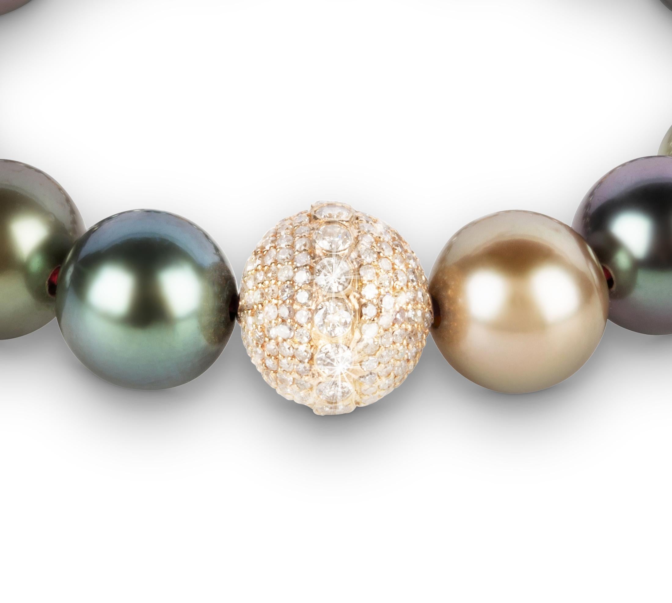 Contemporary AAA Tahiti Pearl Bracelet with Two 18k Yellow Gold Diamond Encrusted Orbs