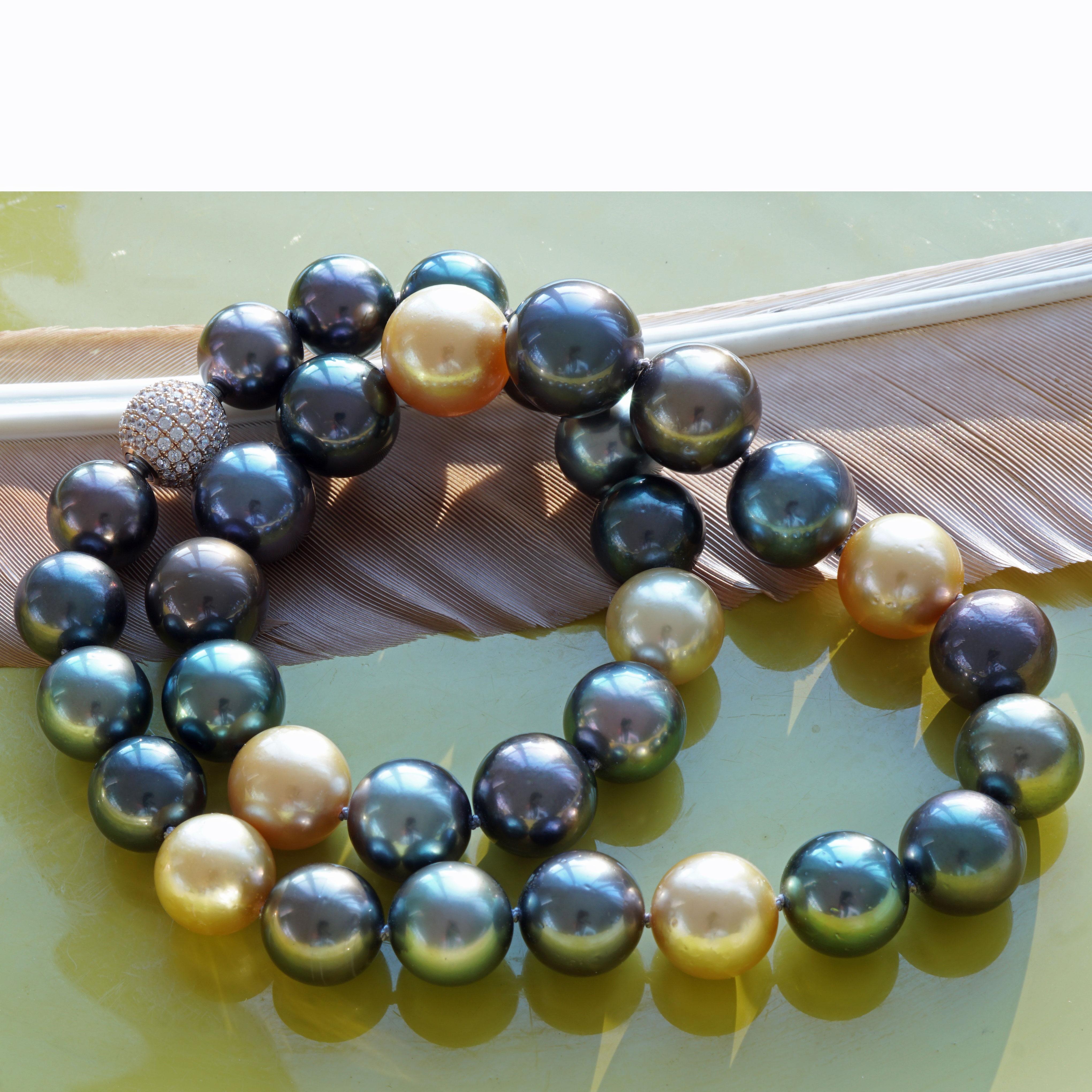 AAA+ Tahiti Südsee-Halskette Wow What Colors Gold Mocha Pistachio Grau 12-15 mm (Perle) im Angebot