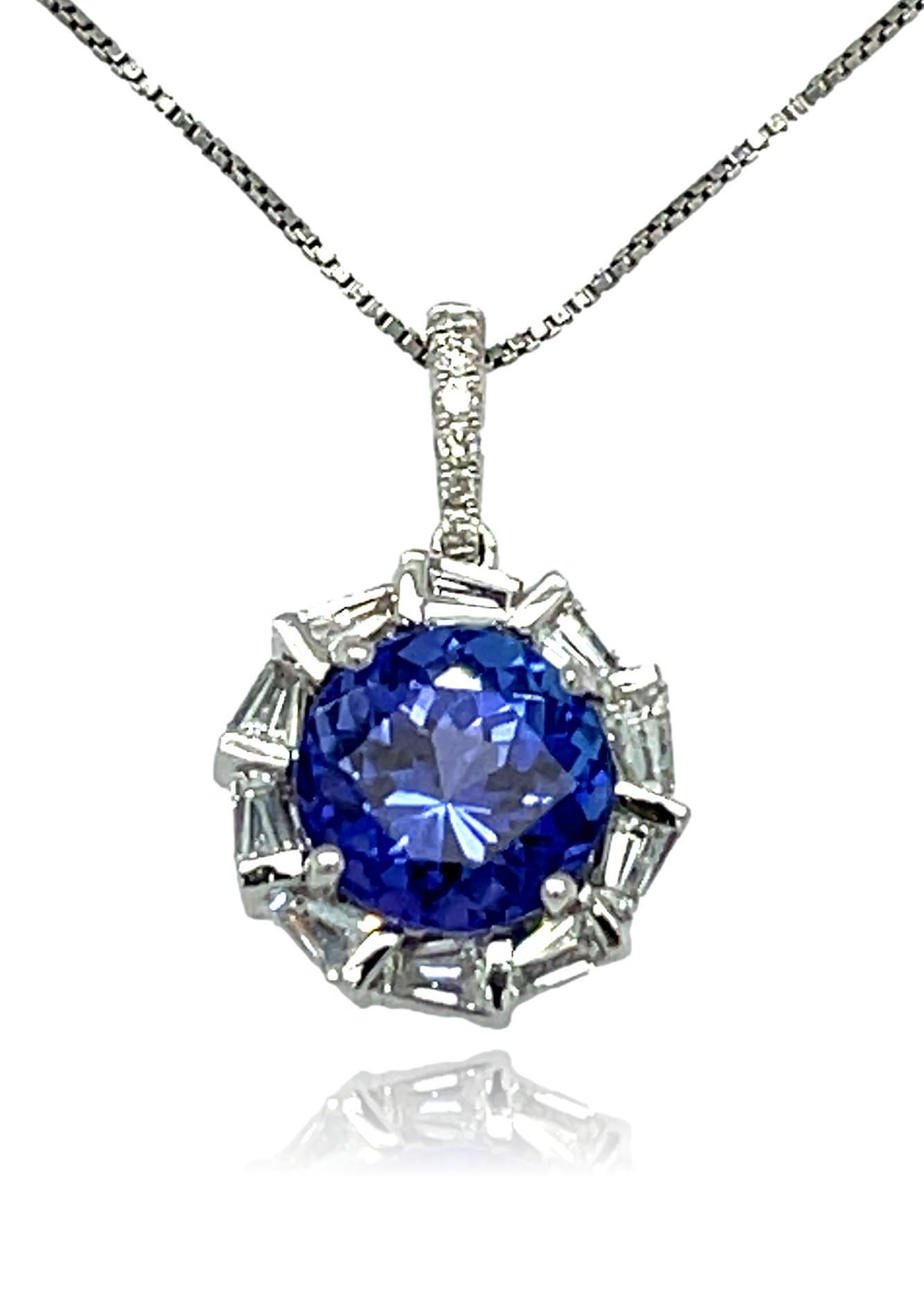 Round Cut AAA Tanzanite and tapered Diamond Halo Pendant 18K White Gold  For Sale