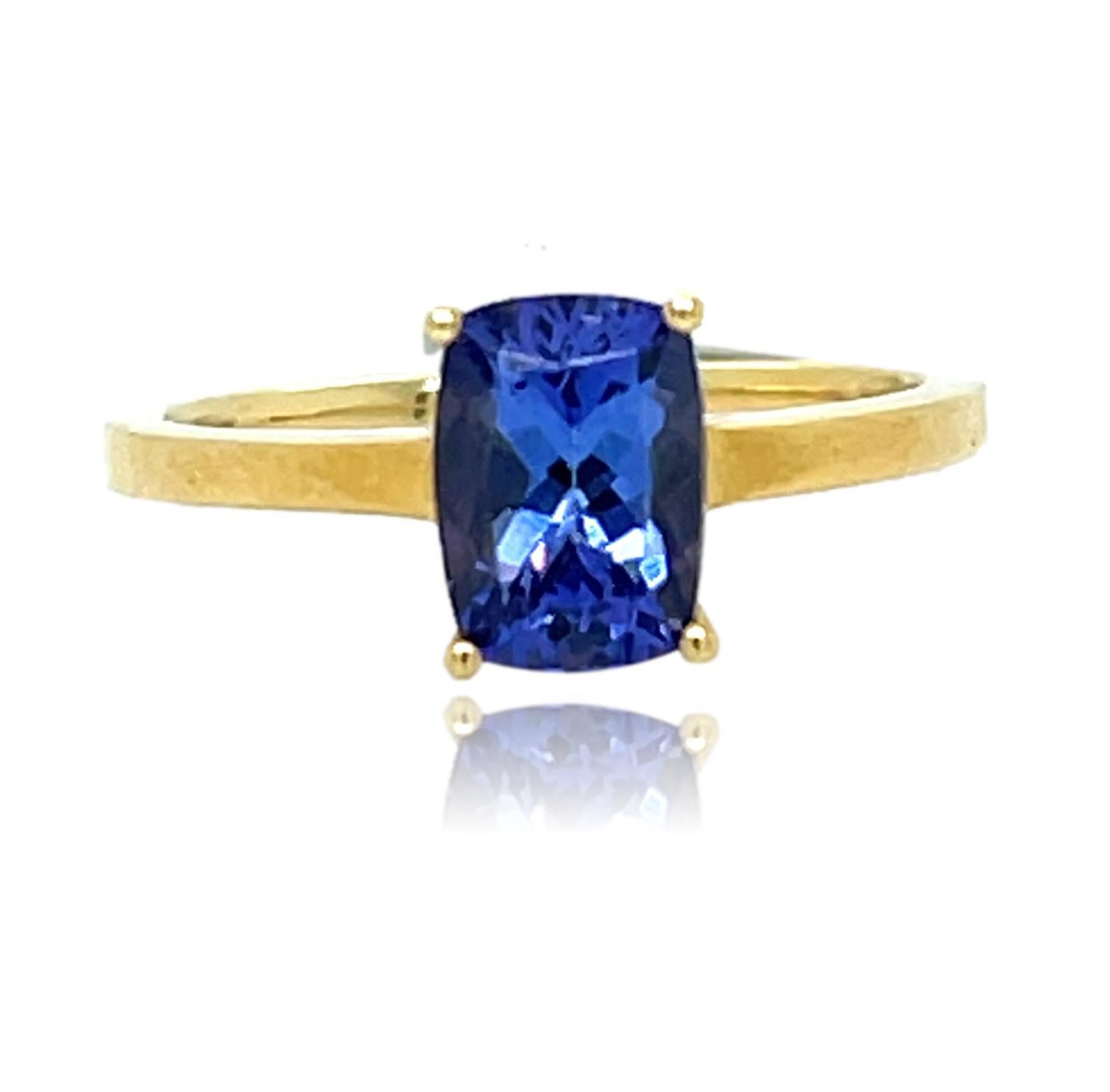 This stunning AAA quality Tanzanite ring is set in 18K yellow gold. There is an 8x6 mm cushion cut Tanzanite with 4 prong setting. It comes in a beautiful box ready for the perfect gift!

18KW:            3.20 gms
Tanz wt:         1.42 cts, 8x6 mm