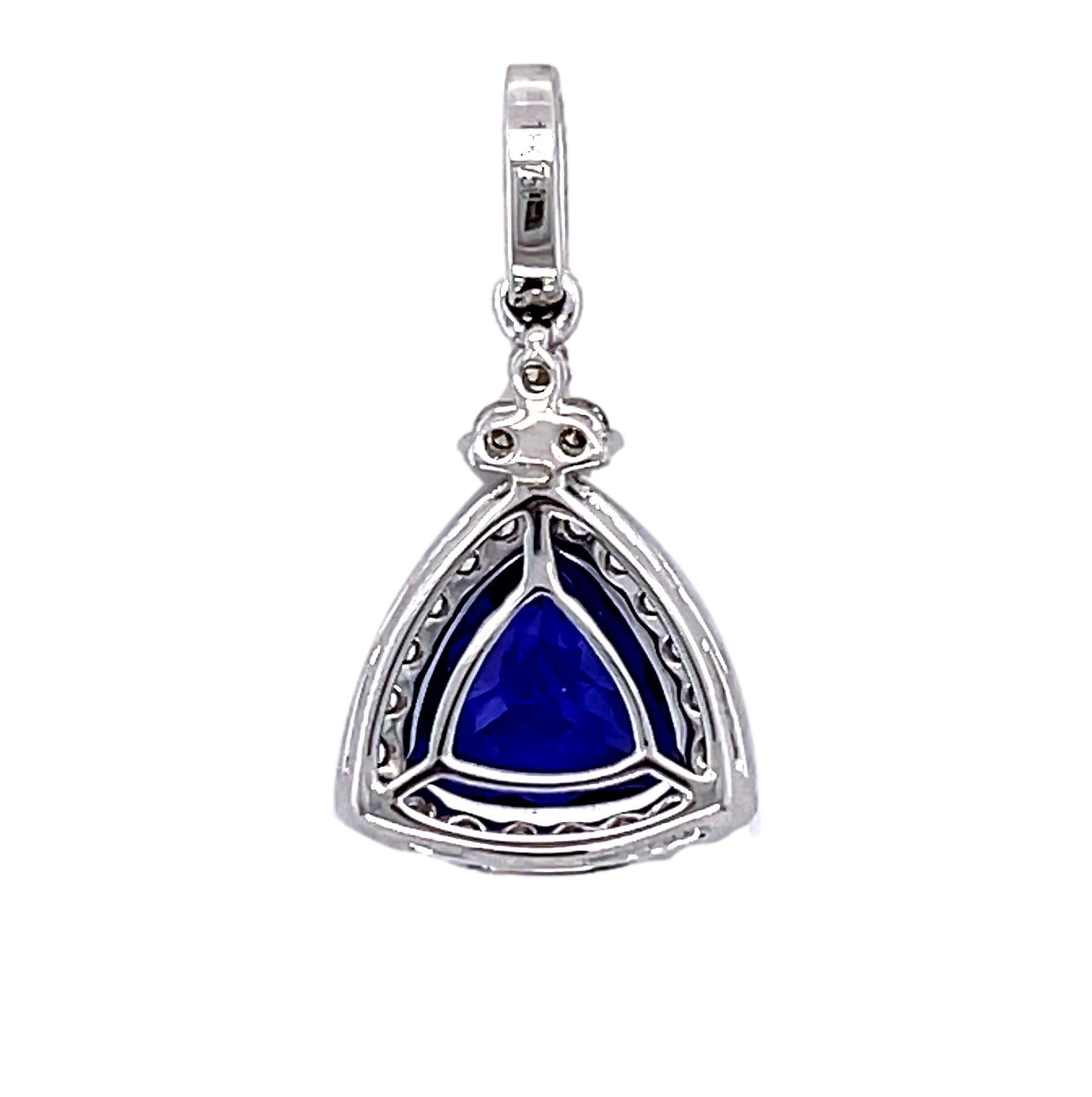 Trillion Cut AAA Trillion Tanzanite and Diamond Halo Pendant in 18K White Gold For Sale