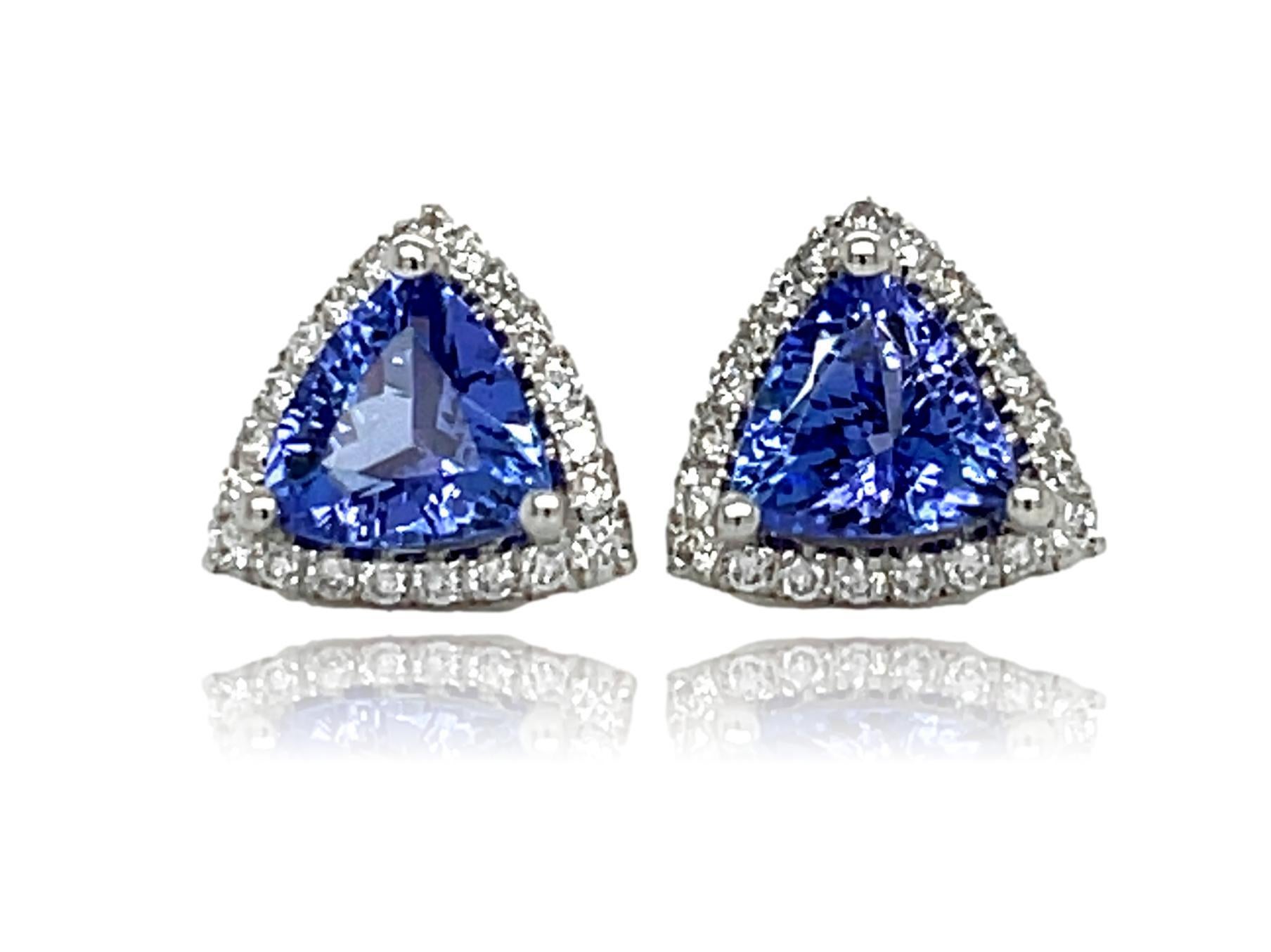 Trillion Cut AAA Trillion Tanzanite and Diamond Stud Earrings in 14K White Gold For Sale