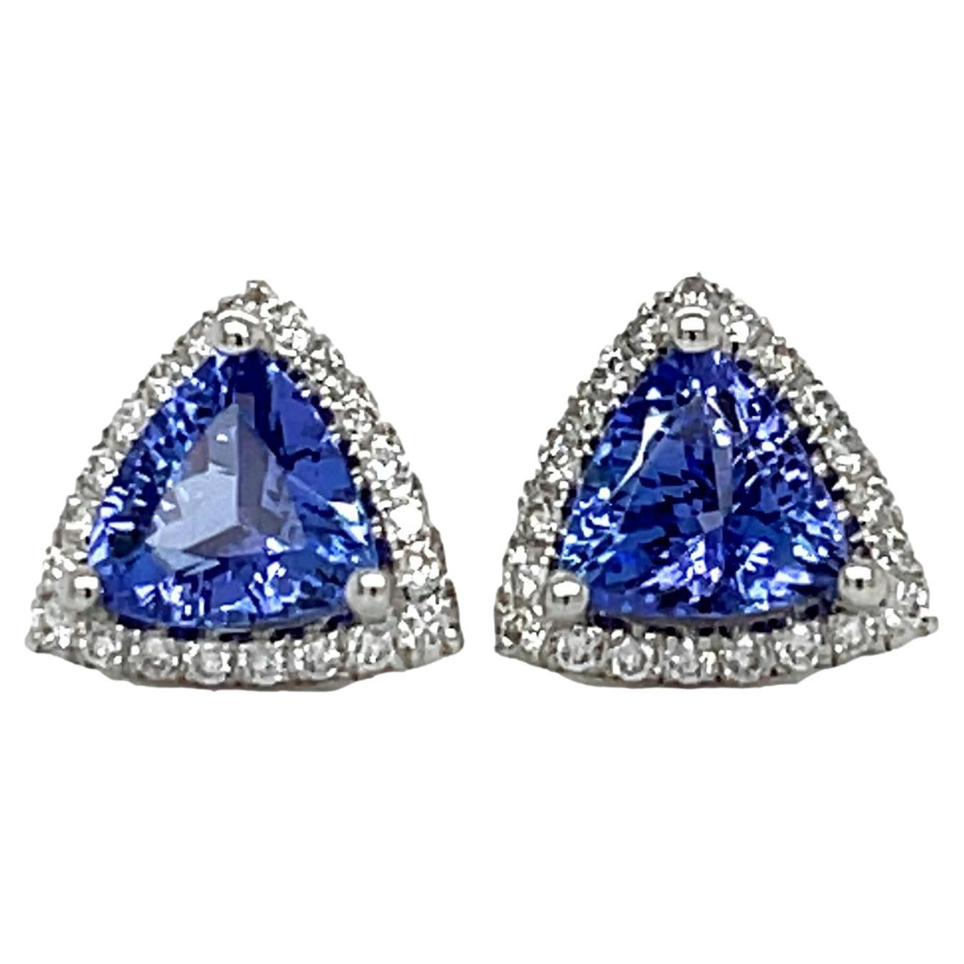 AAA Trillion Tanzanite and Diamond Stud Earrings in 14K White Gold For Sale