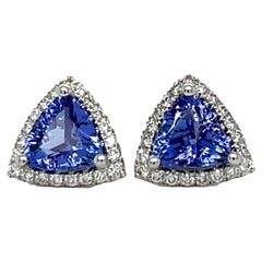 Clous d'oreilles AAA Trillion en or blanc 14 carats avec tanzanite et diamants