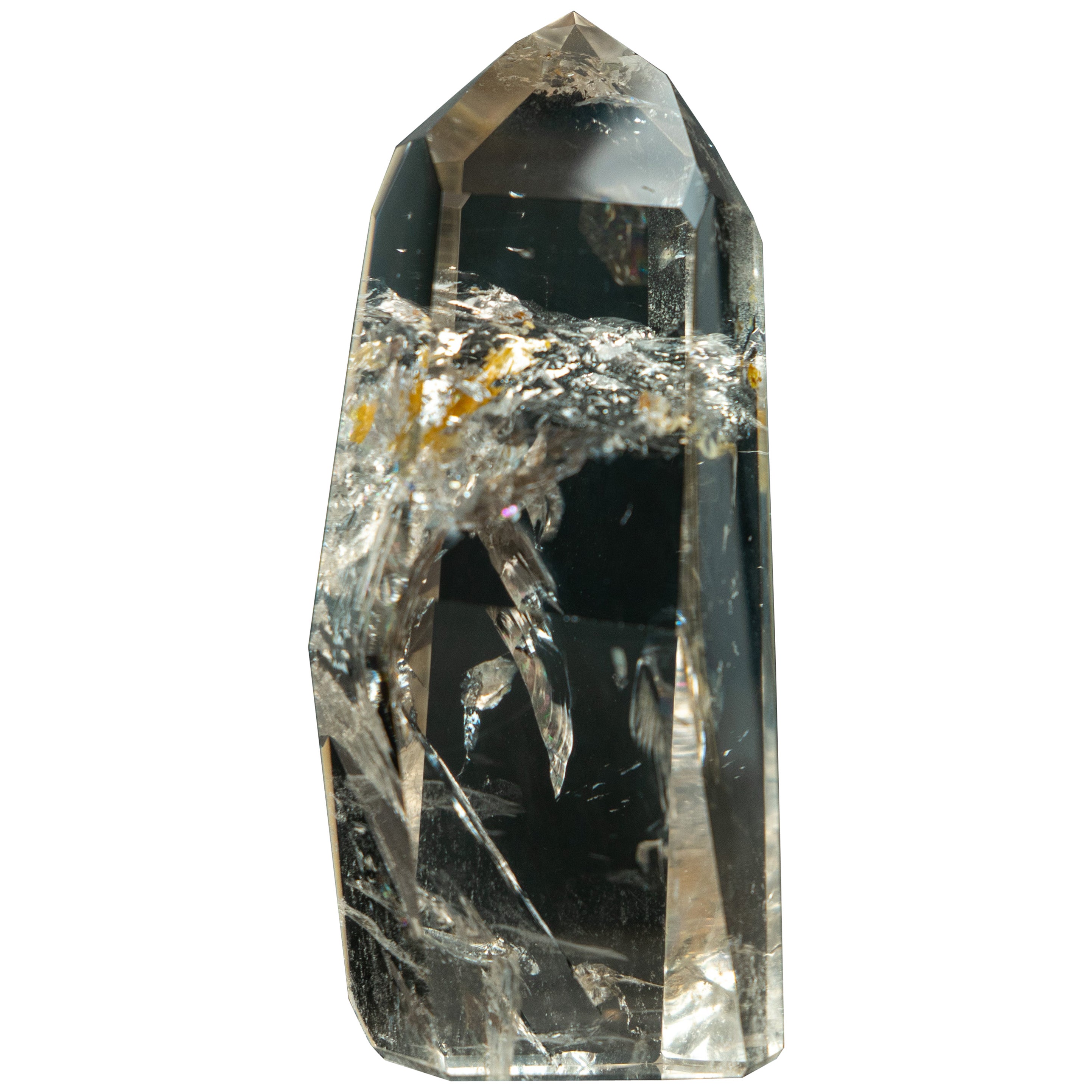AAA Water-Clear Lemurian Quartz Obelisk Point with Orange Hematite For Sale