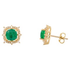 AAA Zambian Emerald Diamond Halo Wedding Stud Earrings in 14k Yellow Gold