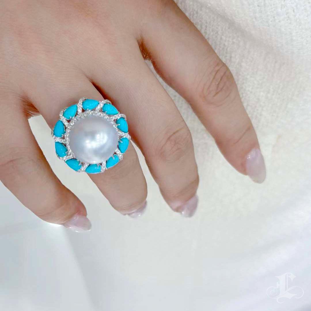 Uncut 【Caelmare】Ocean Crown South Sea Pearl & Turquoise Diamond Ring For Sale