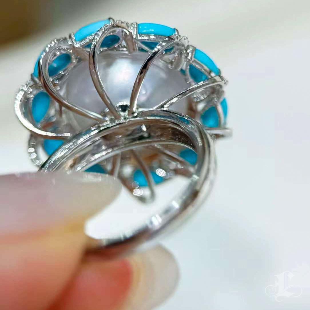 【Caelmare】Ocean Crown South Sea Pearl & Turquoise Diamond Ring For Sale 3