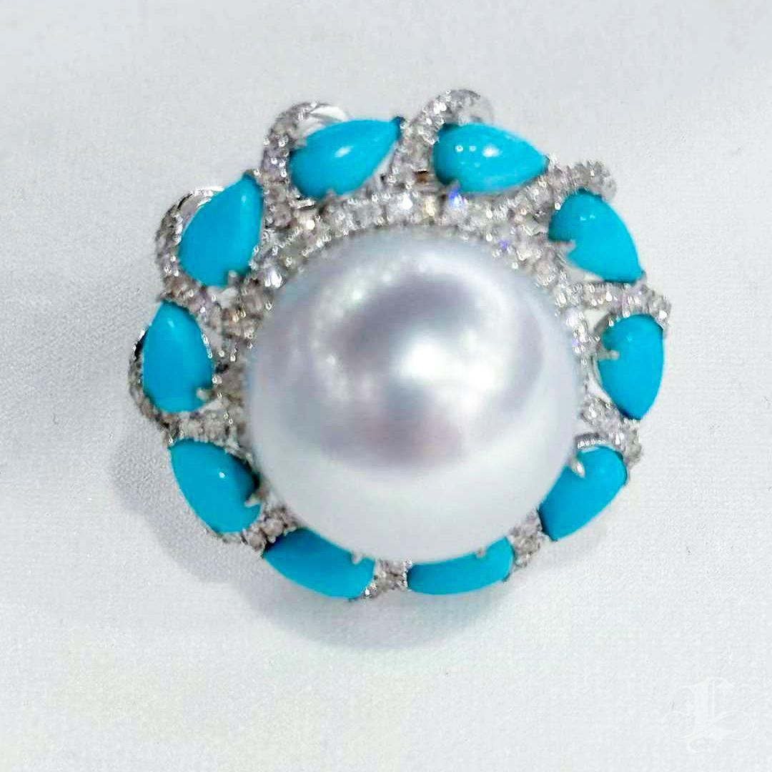 【Caelmare】Ocean Crown South Sea Pearl & Turquoise Diamond Ring For Sale 1