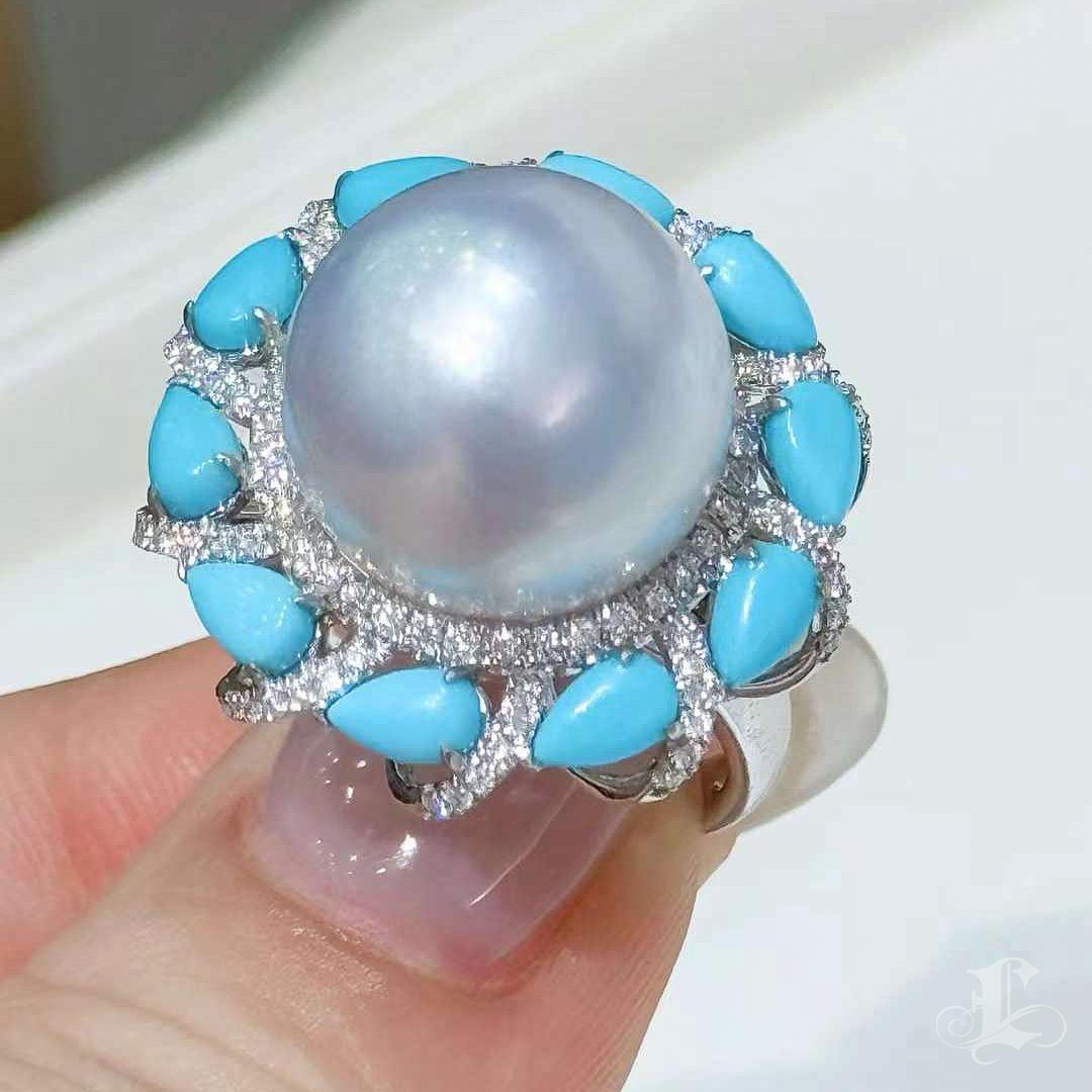 Women's 【Caelmare】Ocean Crown South Sea Pearl & Turquoise Diamond Ring For Sale