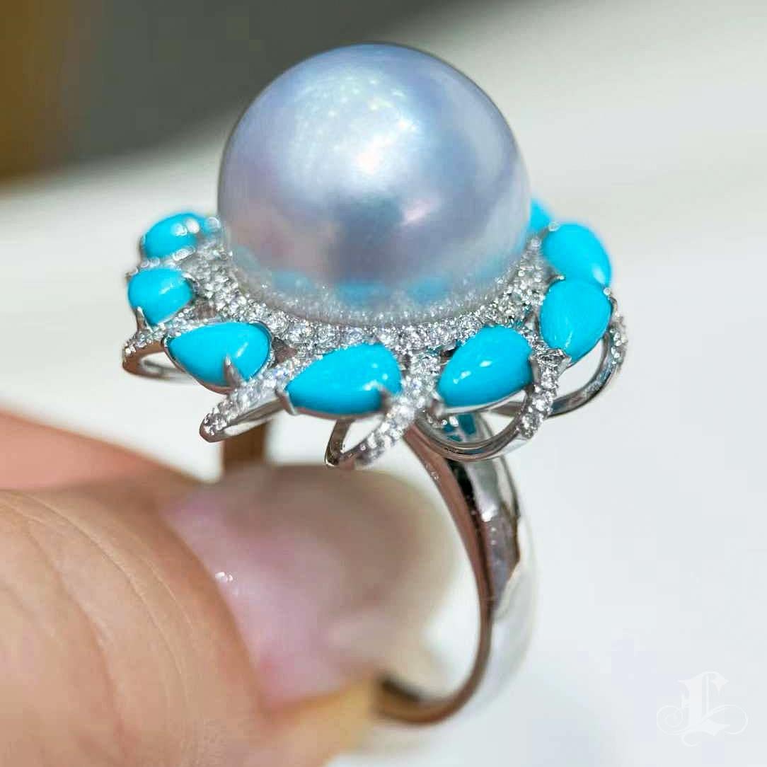【Caelmare】Ocean Crown South Sea Pearl & Turquoise Diamond Ring For Sale 2