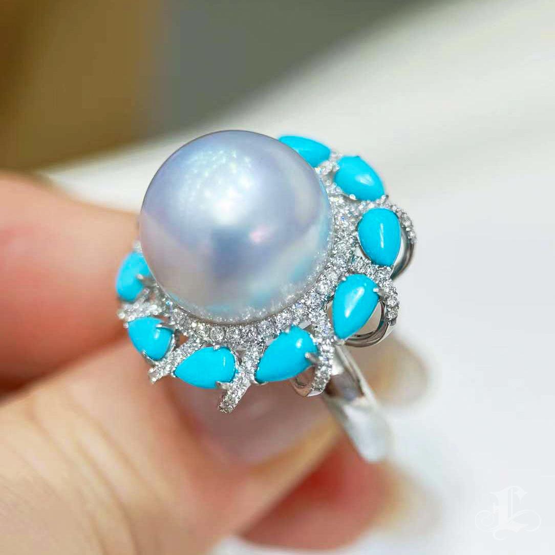 【Caelmare】Ocean Crown South Sea Pearl & Turquoise Diamond Ring For Sale 4