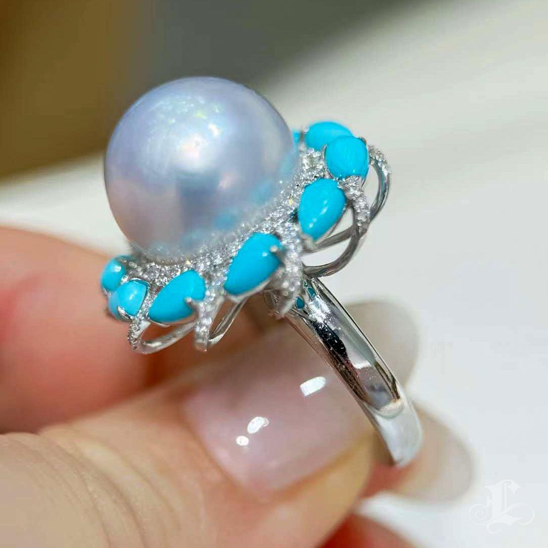 【Caelmare】Ocean Crown South Sea Pearl & Turquoise Diamond Ring For Sale 5