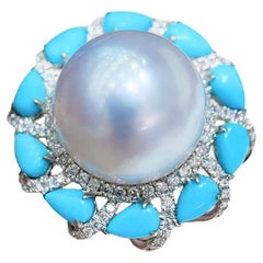 【Caelmare】Ocean Crown South Sea Pearl & Turquoise Diamond Ring