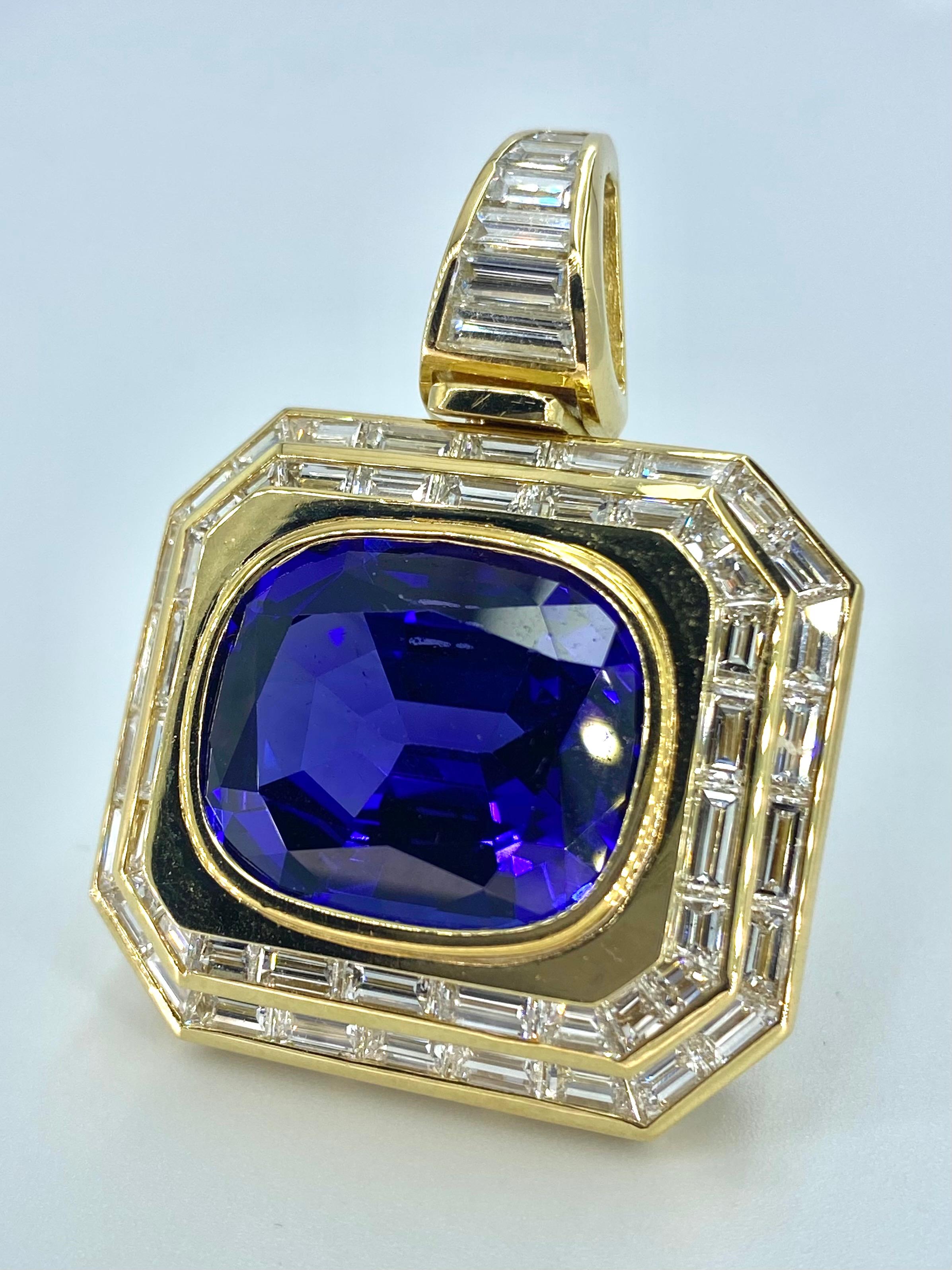 Art Deco AAAA Grade 25 Carat Cushion Tanzanite and Baguette Diamond Pendant in 18k Gold