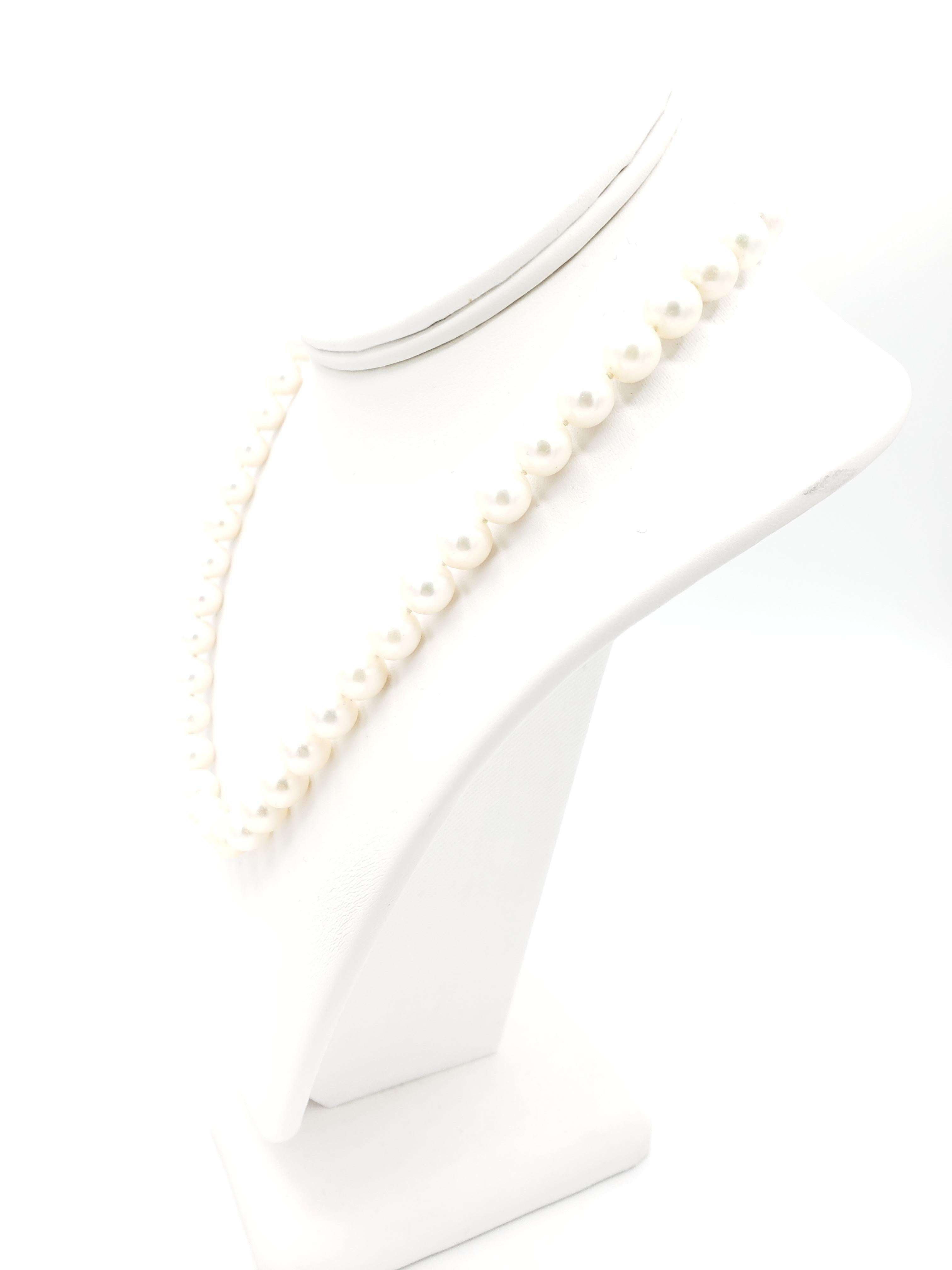 This stunning new necklace is made with AAAA+ quality high lustre Japanese Akoya salt water white pearls, measuring 8.5mm in size. The necklace is 17 1/2 inches in length and features a secure clasp. The pearls are perfectly round and beautiful