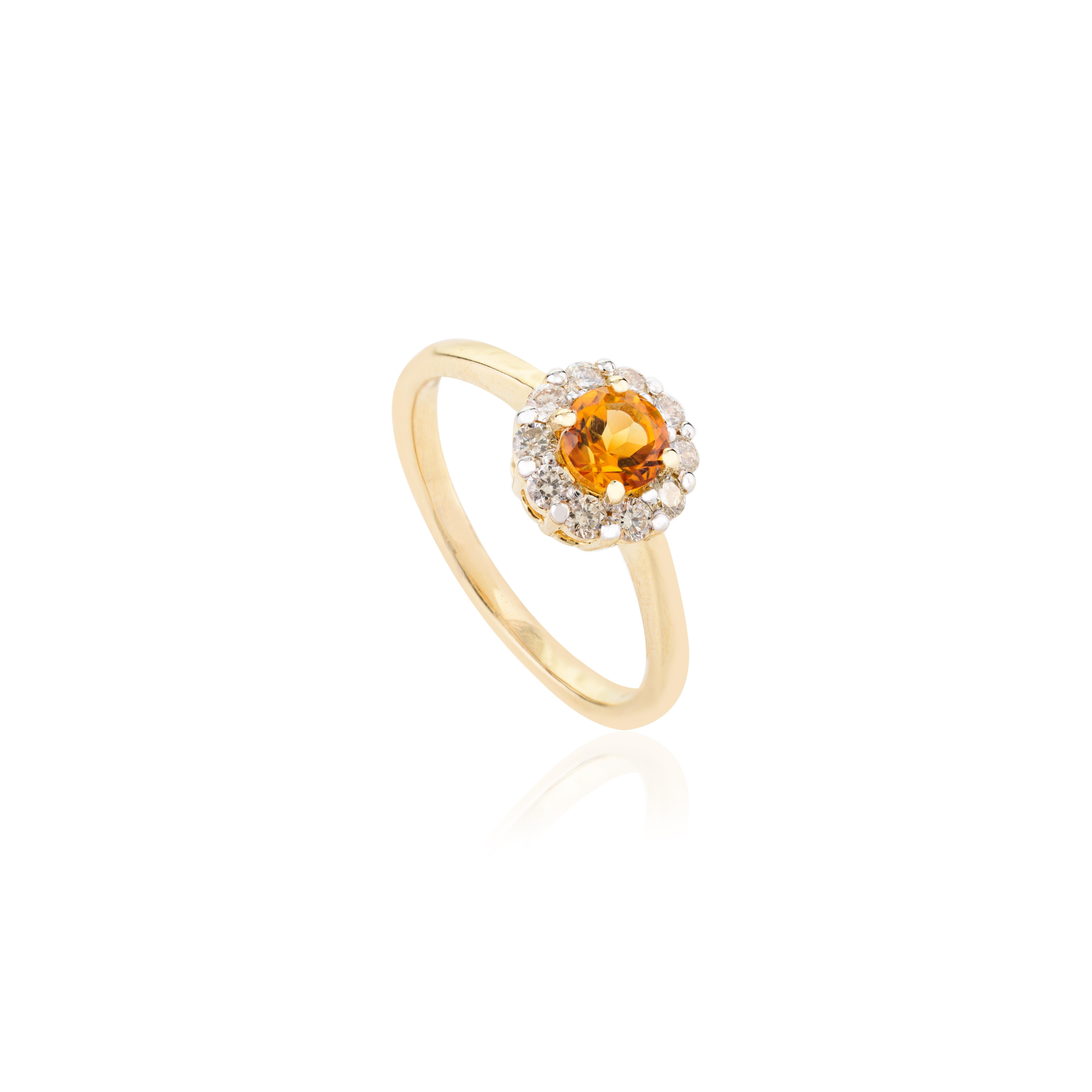 For Sale:  AAA Round Cut Citrine Ring with Halo of Diamonds in 14k Solid Yellow Gold 7