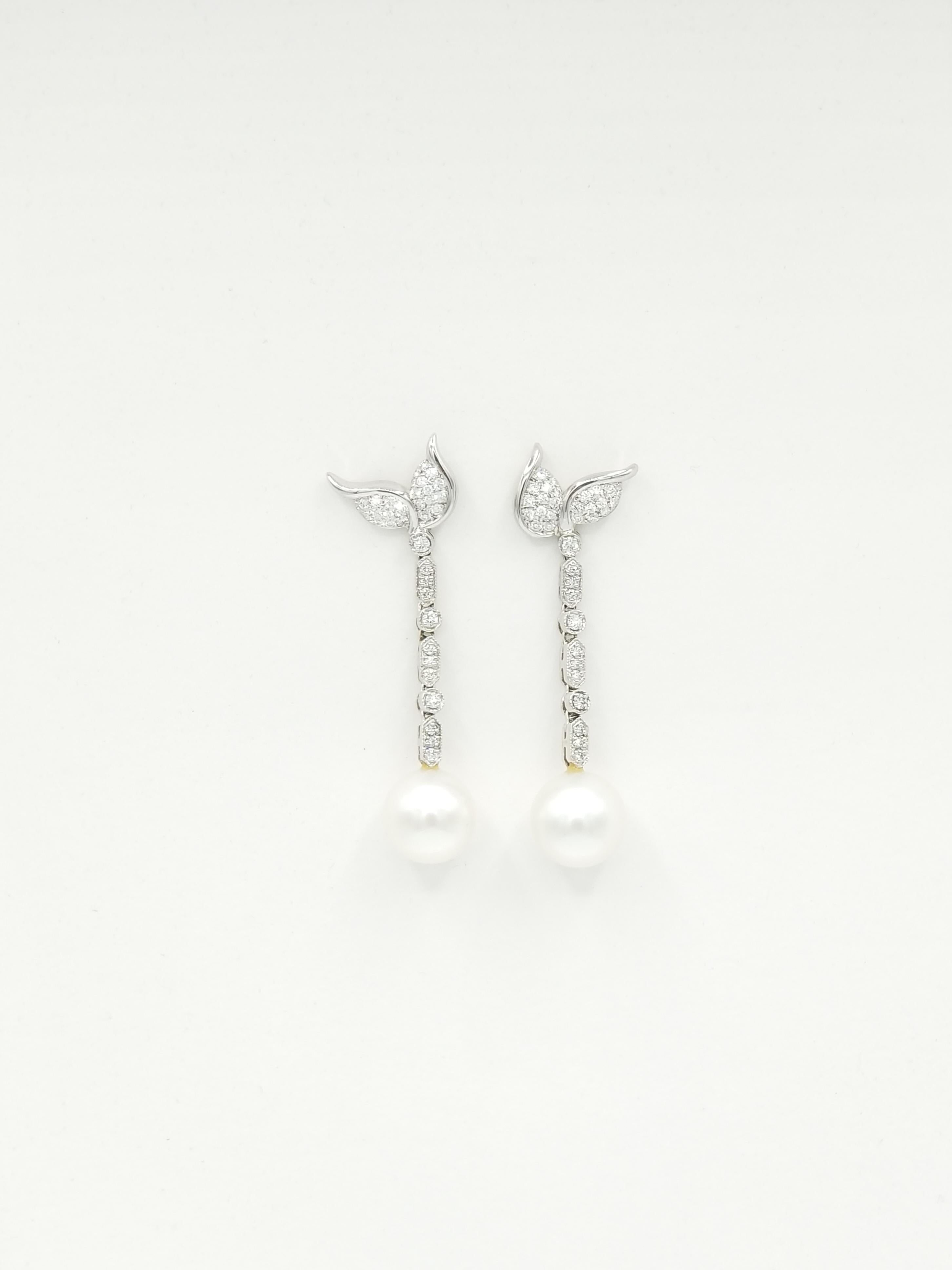 Round Cut NEW Perfectly Round  White Top -Quality South Sea Pearls Diamond Drop Earrings  For Sale