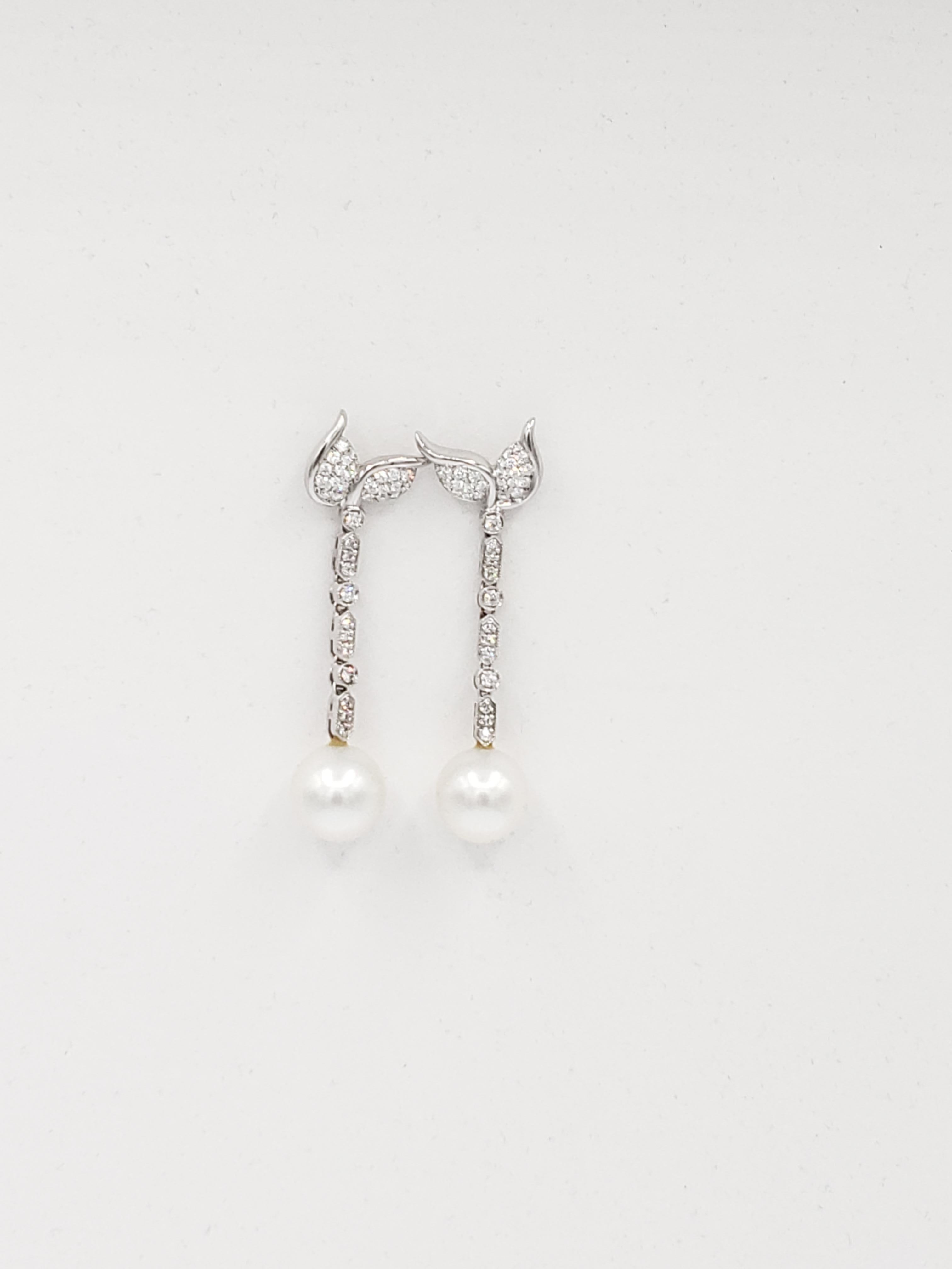 Victorian NEW Perfectly Round  White Top -Quality South Sea Pearls Diamond Drop Earrings  For Sale