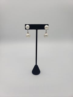 NEW AAAA+ Oval WHITE South Sea Pearl and Diamond Drop Earrings in 18K White Gold