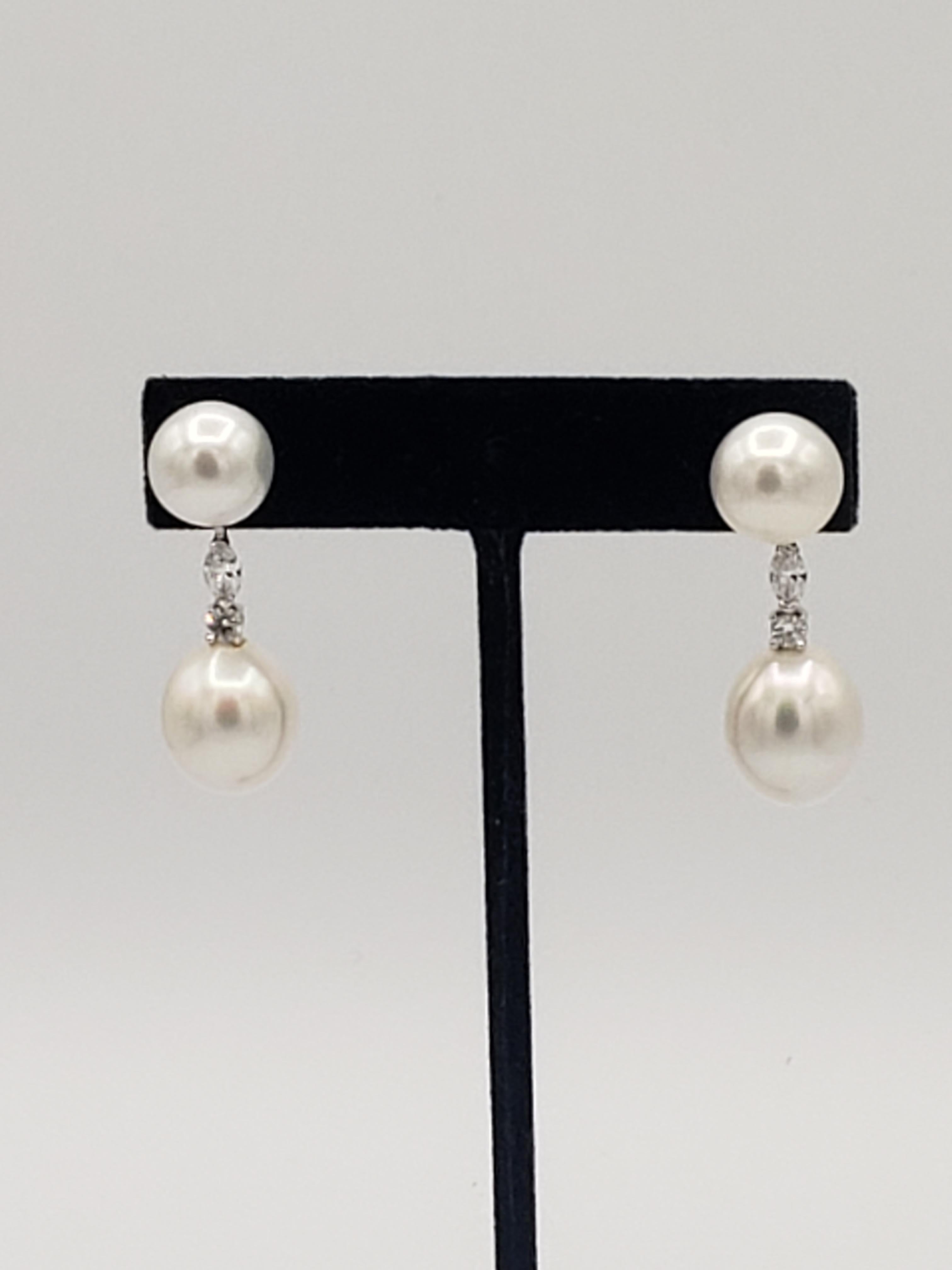 Femenino o masculino NUEVOS Pendientes de Gota de Diamantes y Perlas Blancas Ovaladas AAAA+ de los Mares del Sur en Oro Blanco de 18 quilates