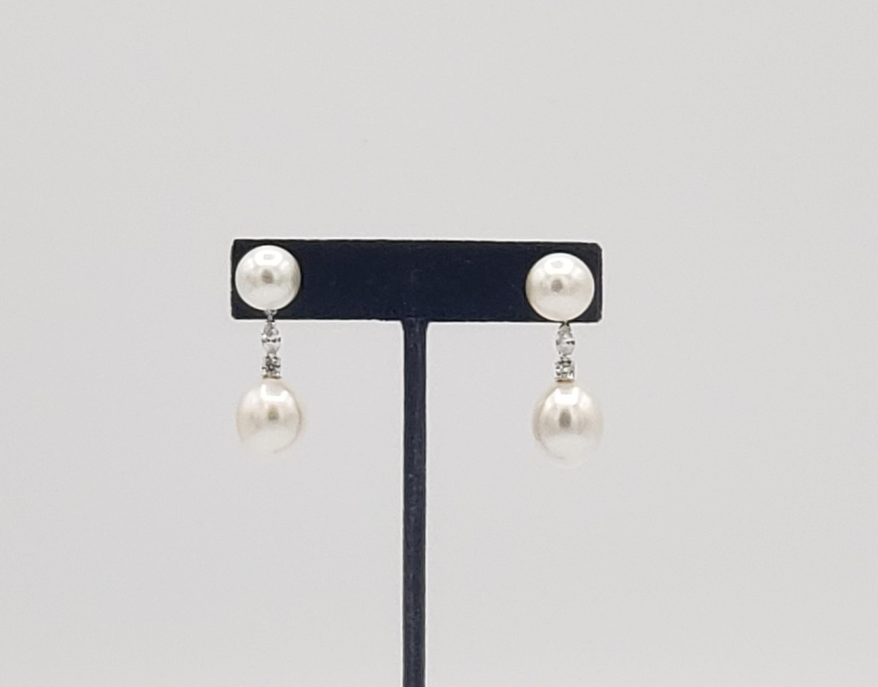 Oval Cut NEW AAAA+ Oval WHITE South Sea Pearl and Diamond Drop Earrings in 18K White Gold For Sale