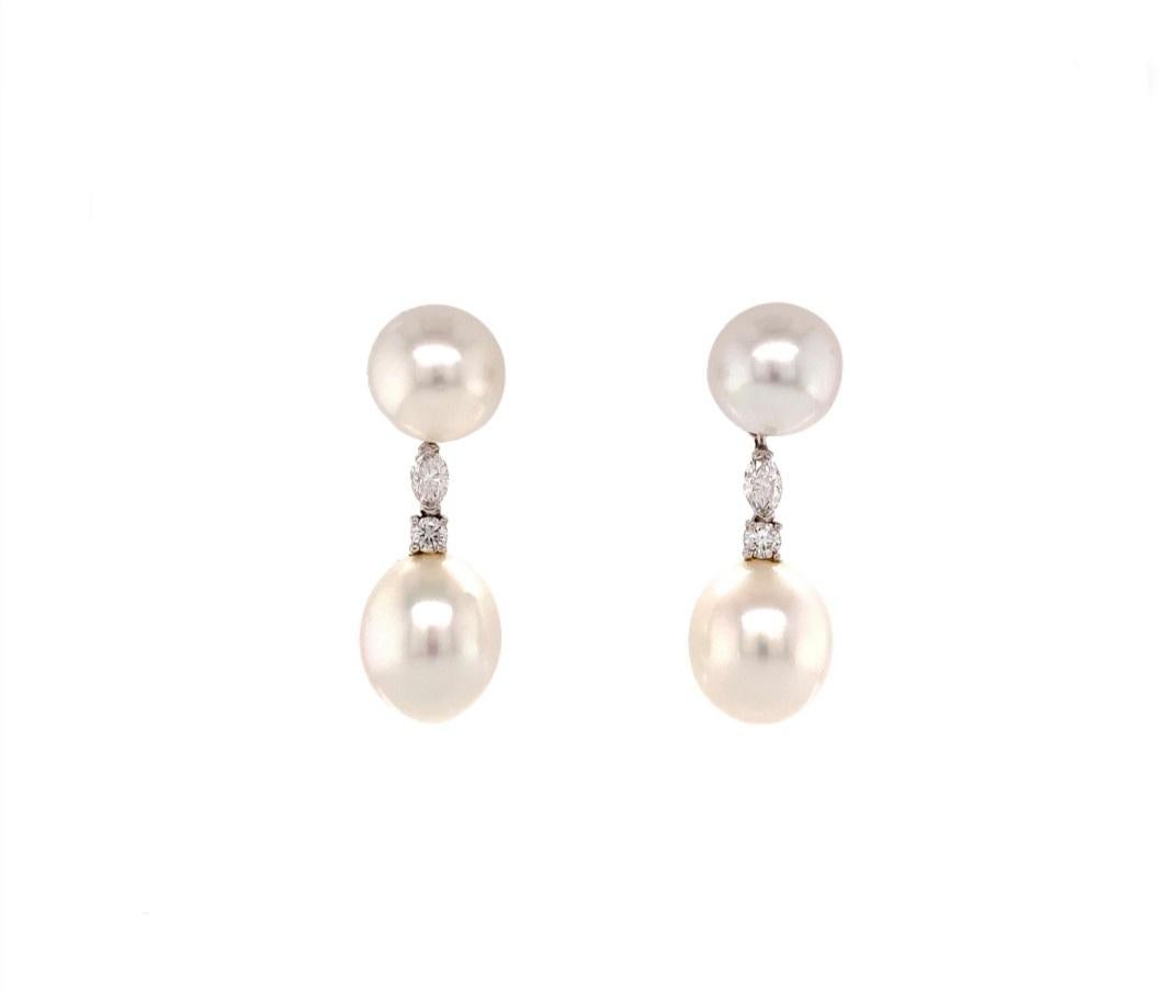 NEW AAAA+ Oval WHITE South Sea Pearl and Diamond Drop Earrings in 18K White Gold For Sale 1