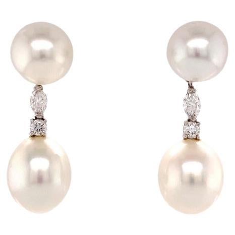 NEW AAAA+ Oval WHITE South Sea Pearl and Diamond Drop Earrings in 18K White Gold
