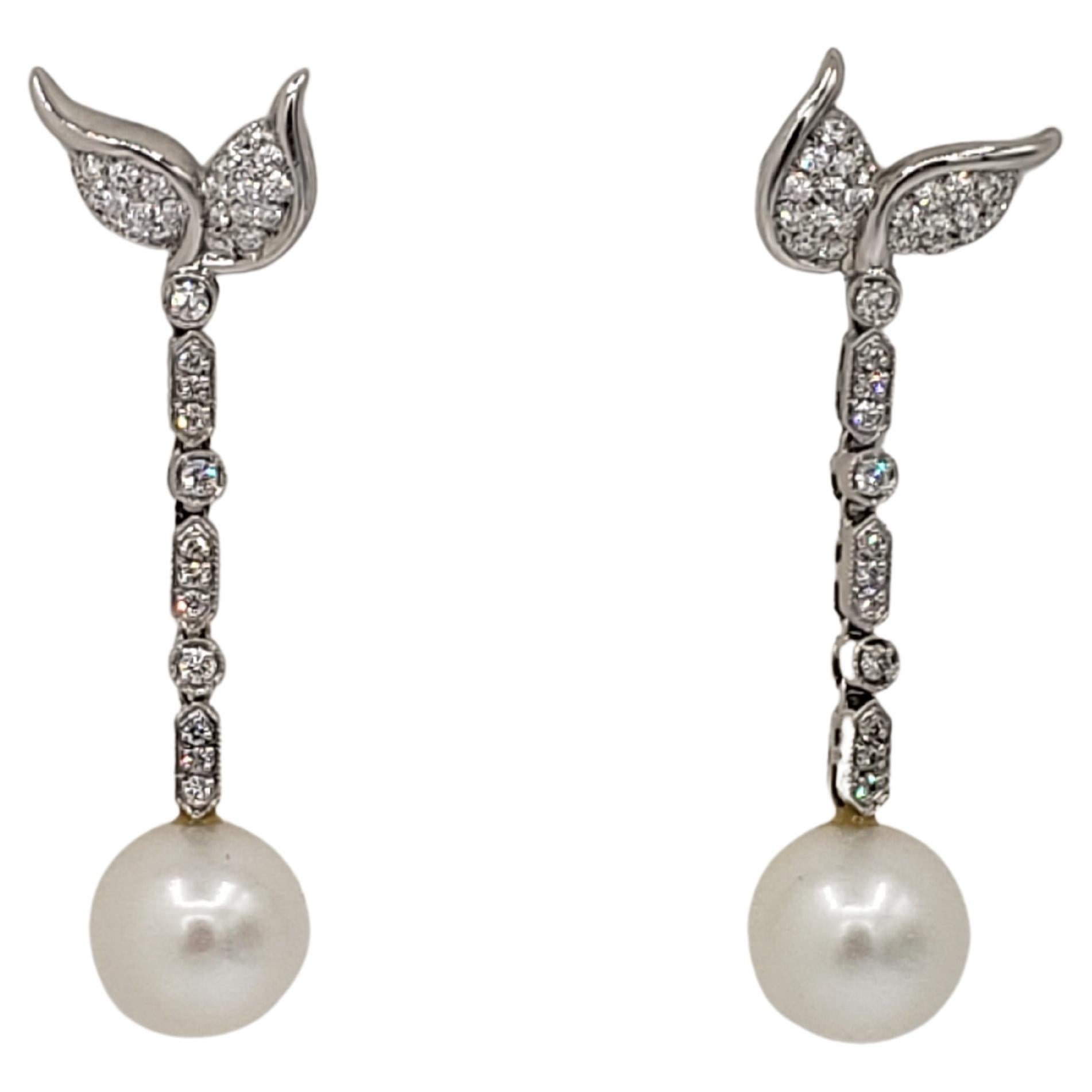 NEW Perfectly Round  White Top -Quality South Sea Pearls Diamond Drop Earrings  For Sale