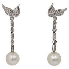 NEW Perfectly Round  White Top -Quality South Sea Pearls Diamond Drop Earrings 