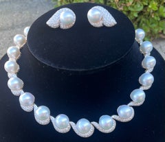 AAAA White South Sea Pearl and 42.75 Carat Diamond Necklace and Earring Set