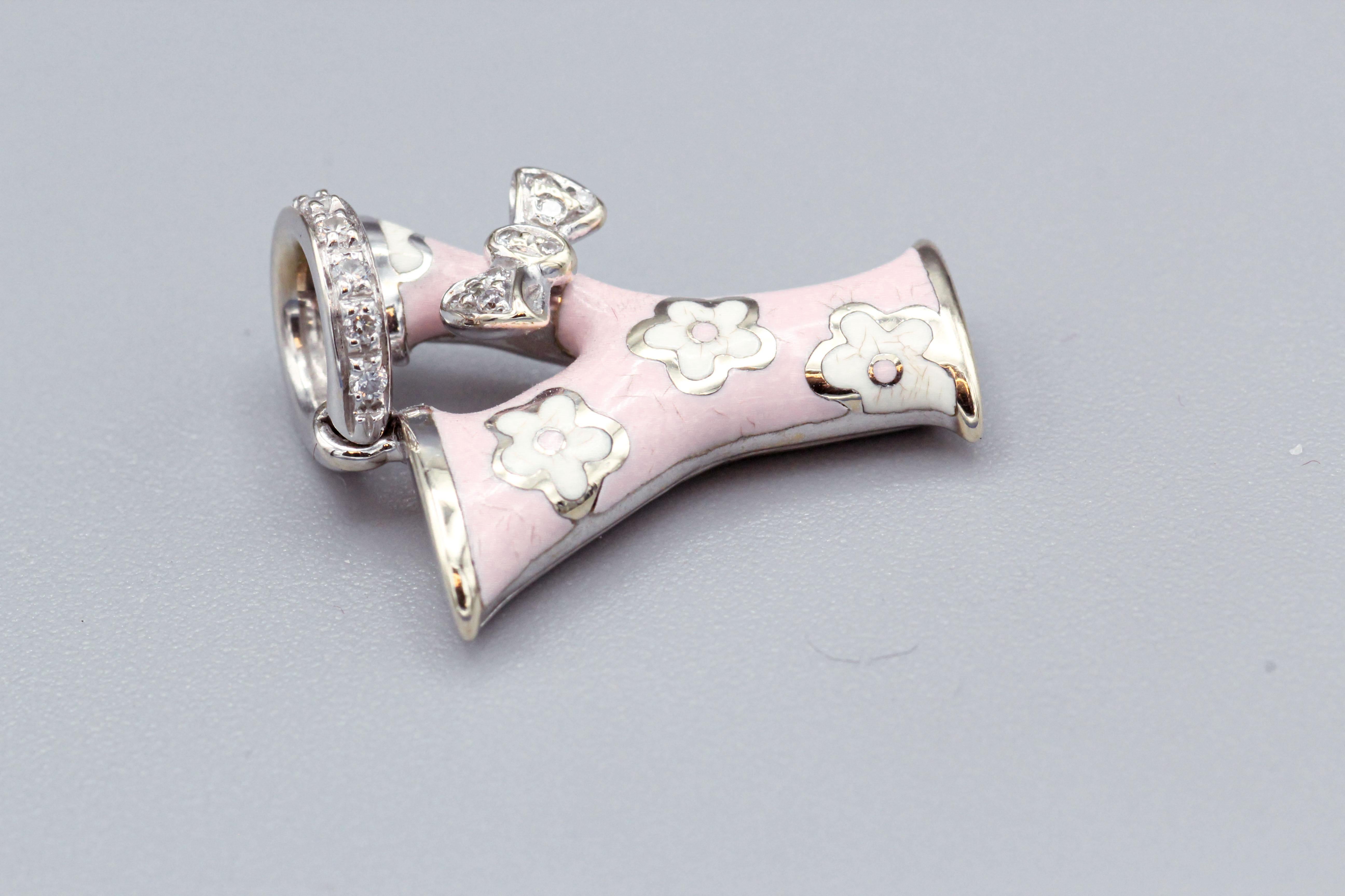 Contemporary AAaron Basha Fine Diamond and Pink Enamel 18k White Gold Y Initial Charm Pendant For Sale