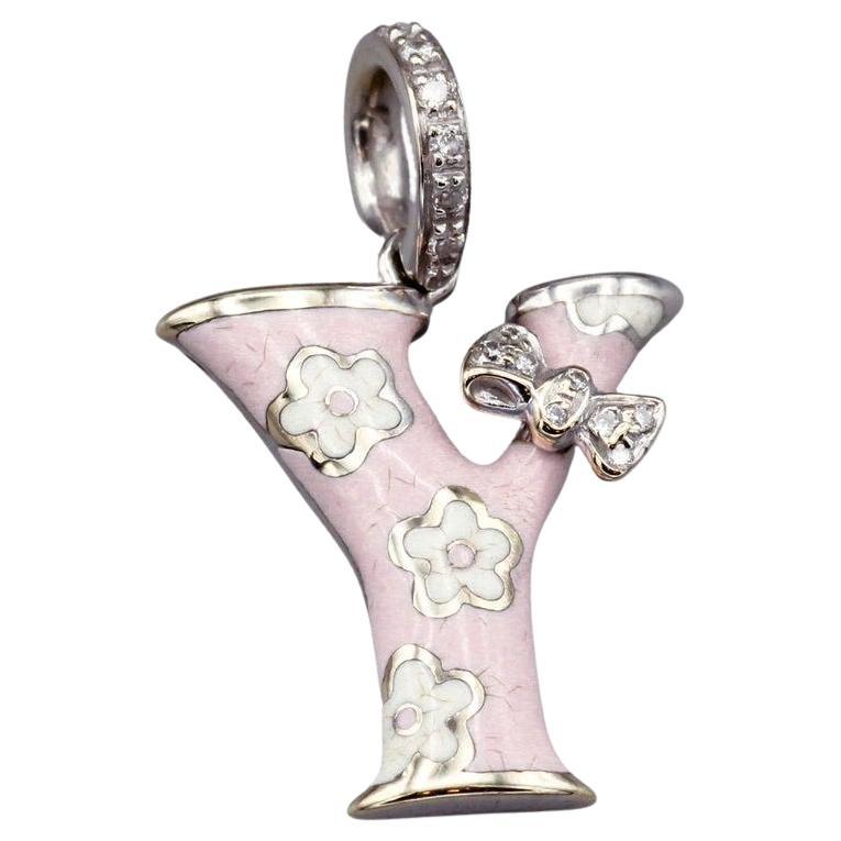 AAaron Basha Fine Diamond and Pink Enamel 18k White Gold Y Initial Charm Pendant For Sale
