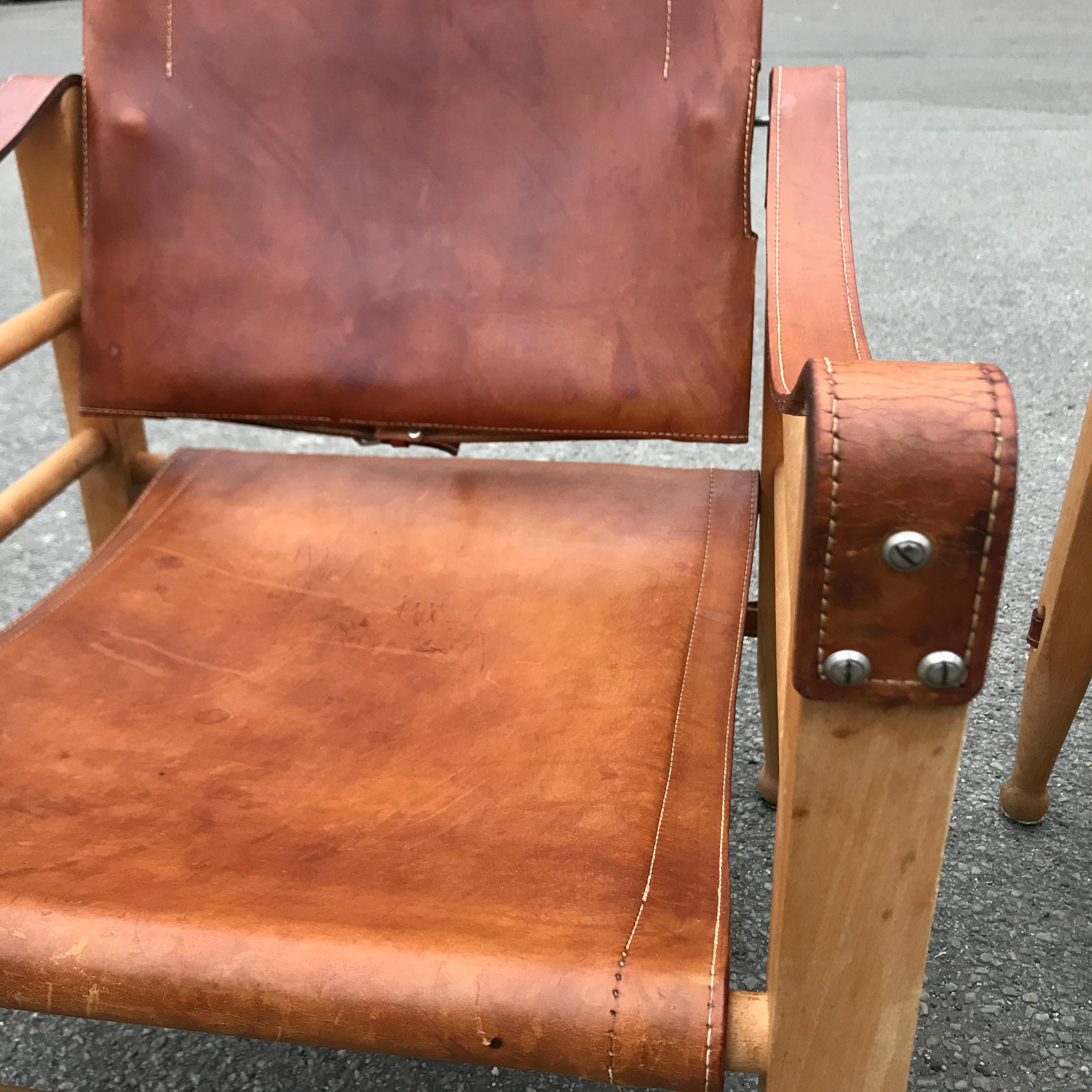 Mid-Century Modern Aage Bruun and Son Safari Chairs in Patinated Tan Leather, Denmark, 1960
