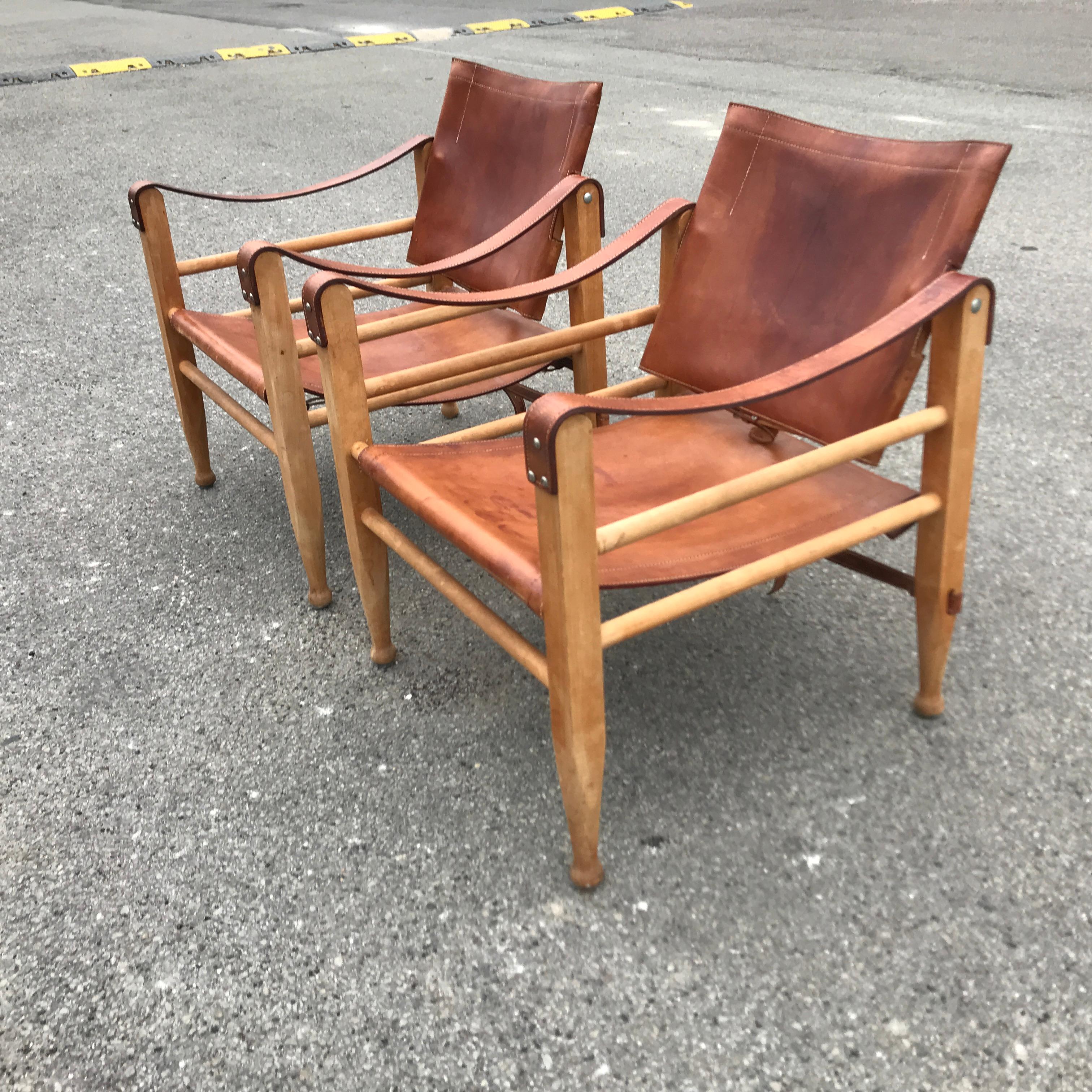 Danish Aage Bruun and Son Safari Chairs in Patinated Tan Leather, Denmark, 1960