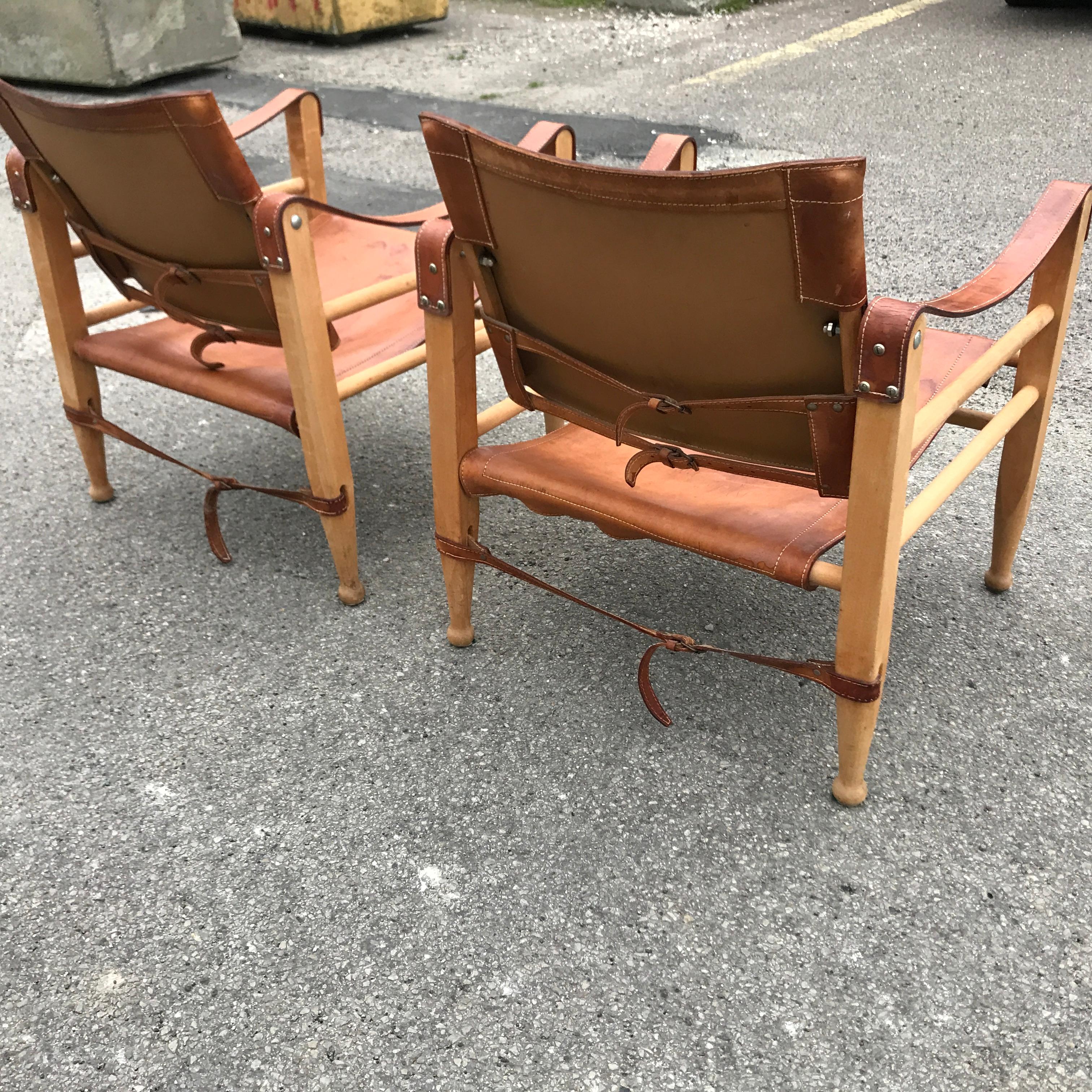 Aage Bruun and Son Safari Chairs in Patinated Tan Leather, Denmark, 1960 In Good Condition In Copenhagen, DK