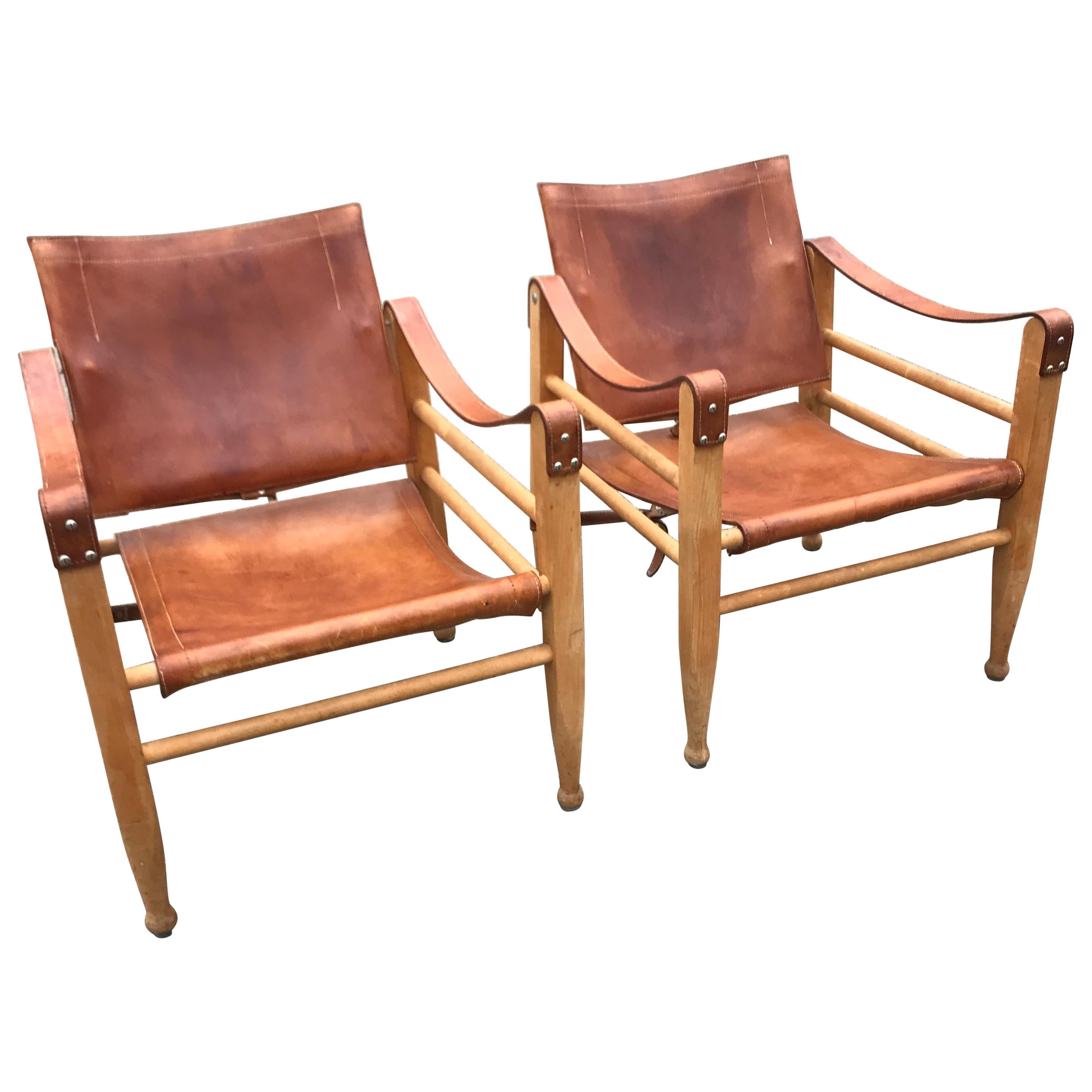 Aage Bruun and Son Safari Chairs in Patinated Tan Leather, Denmark, 1960