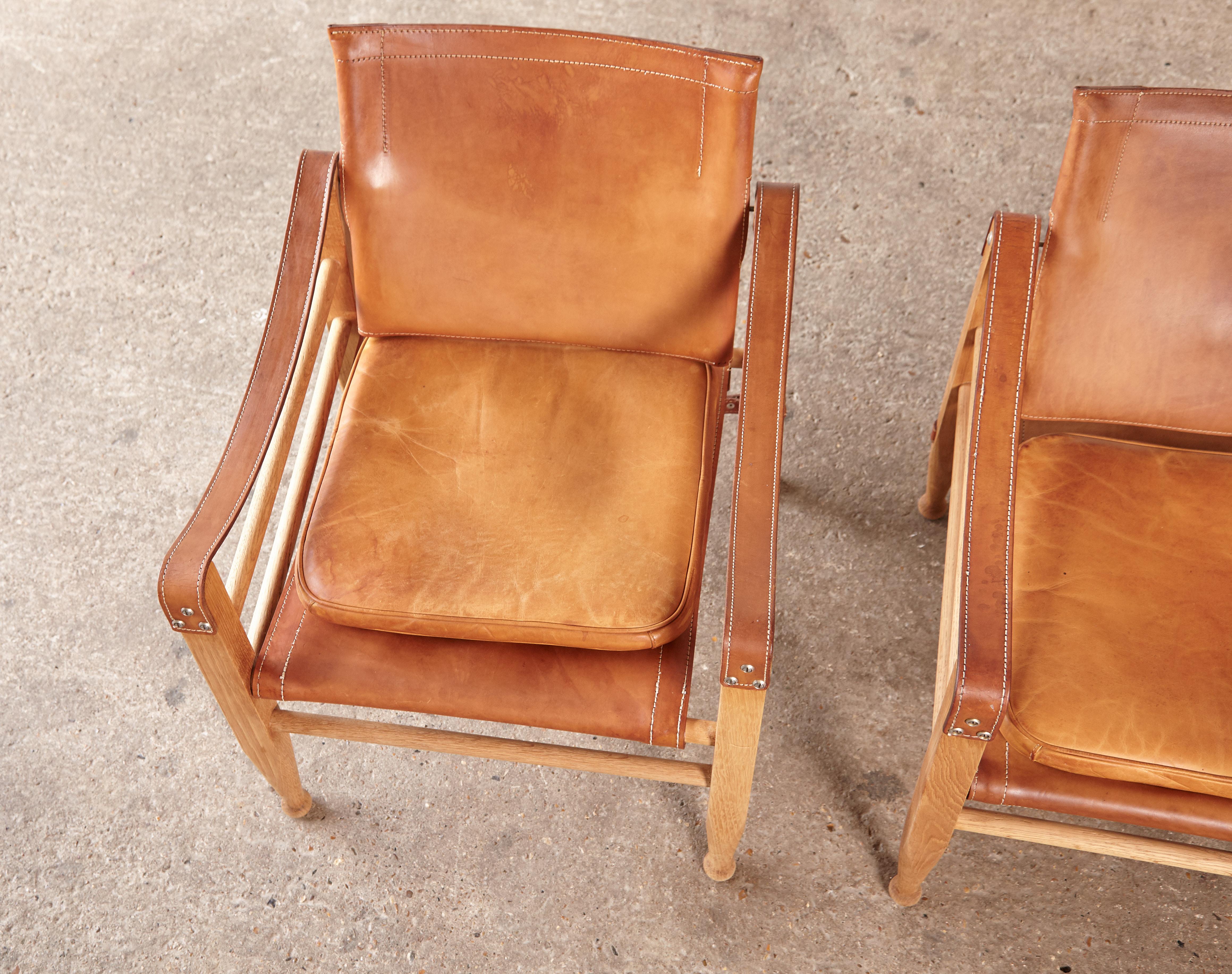 Aage Bruun and Son Safari Chairs in Patinated Tan Leather, Denmark, 1960s 7