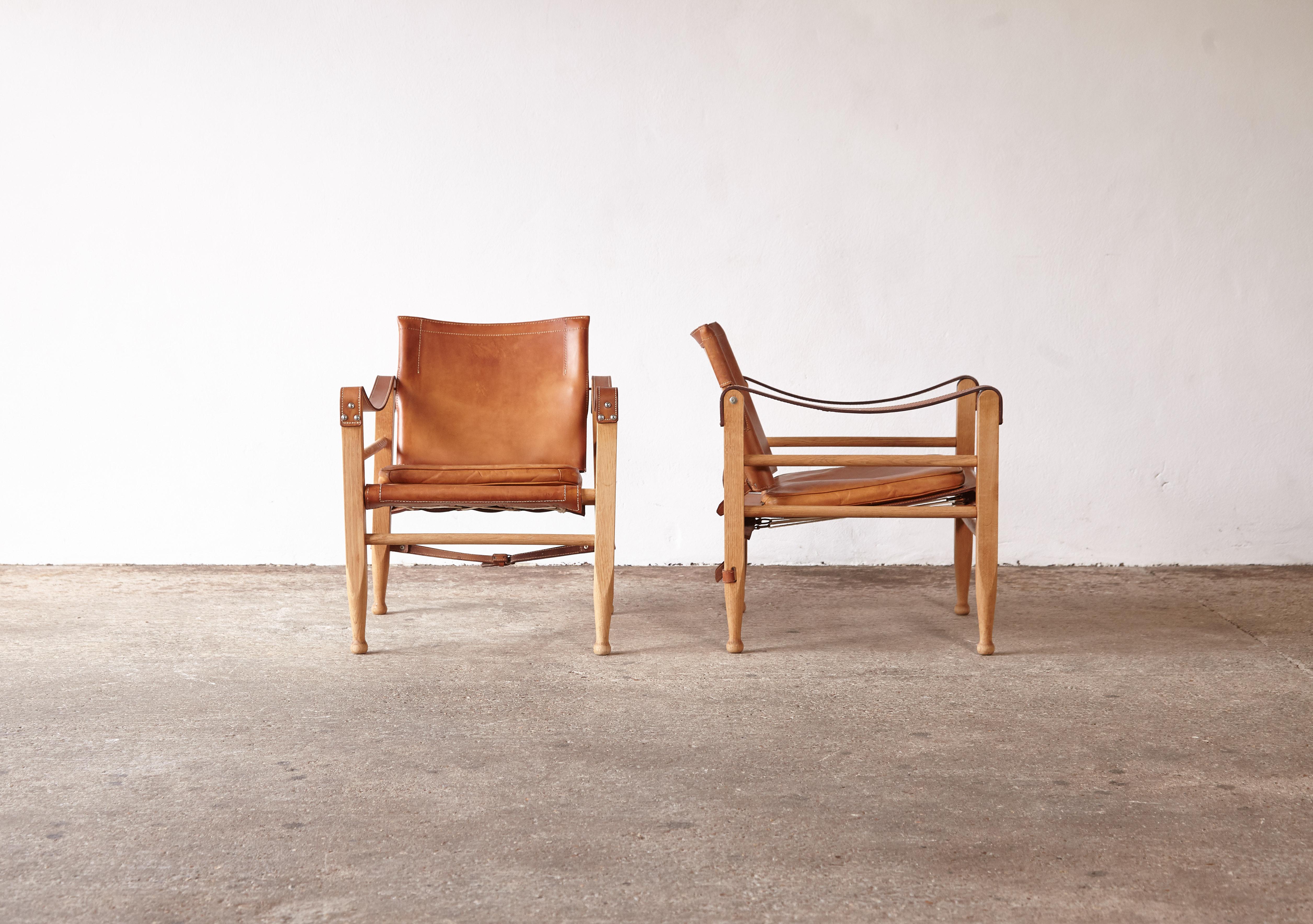 Mid-Century Modern Aage Bruun and Son Safari Chairs in Patinated Tan Leather, Denmark, 1960s