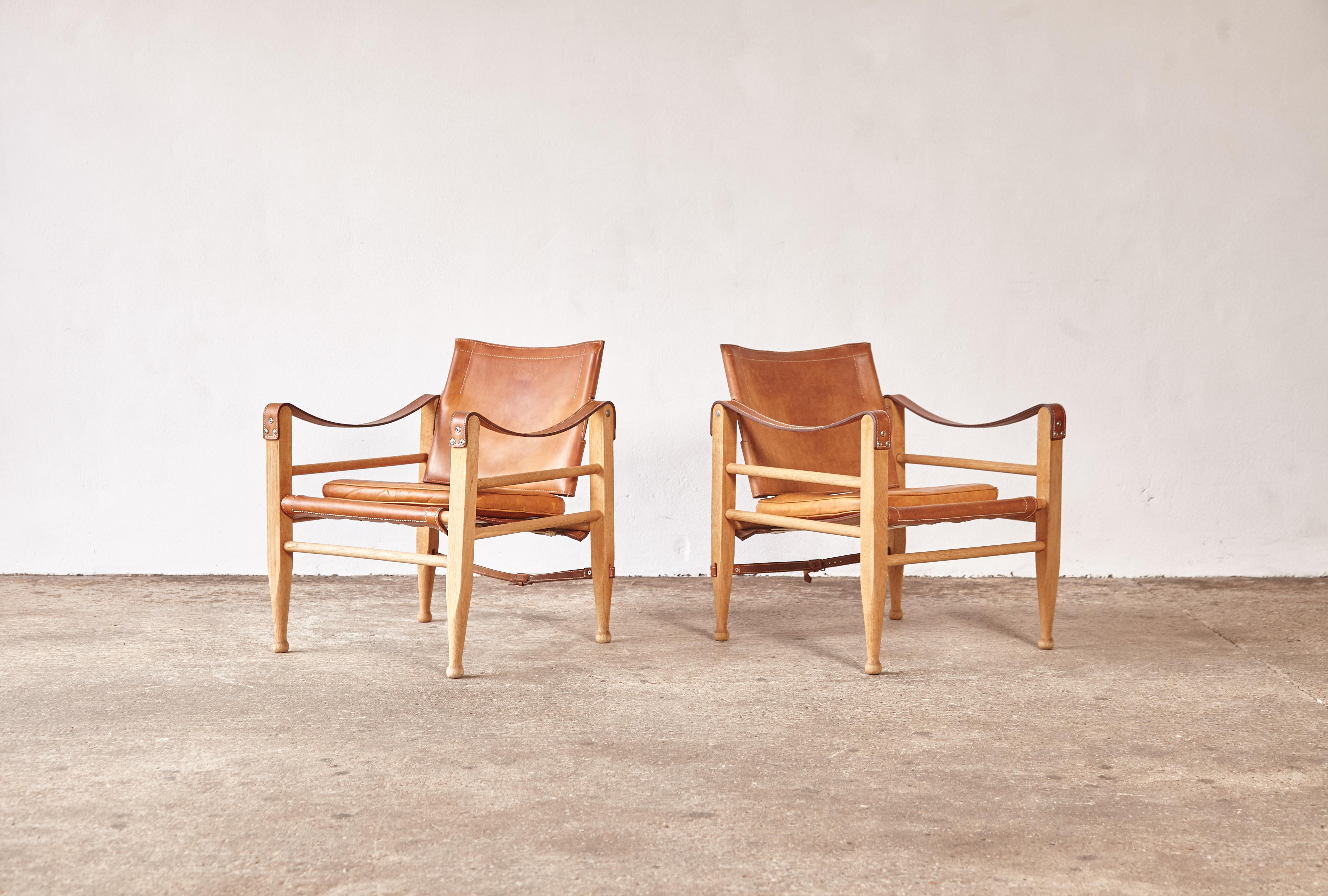 Mid-Century Modern Aage Bruun and Son Safari Chairs in Patinated Tan Leather, Denmark, 1960s