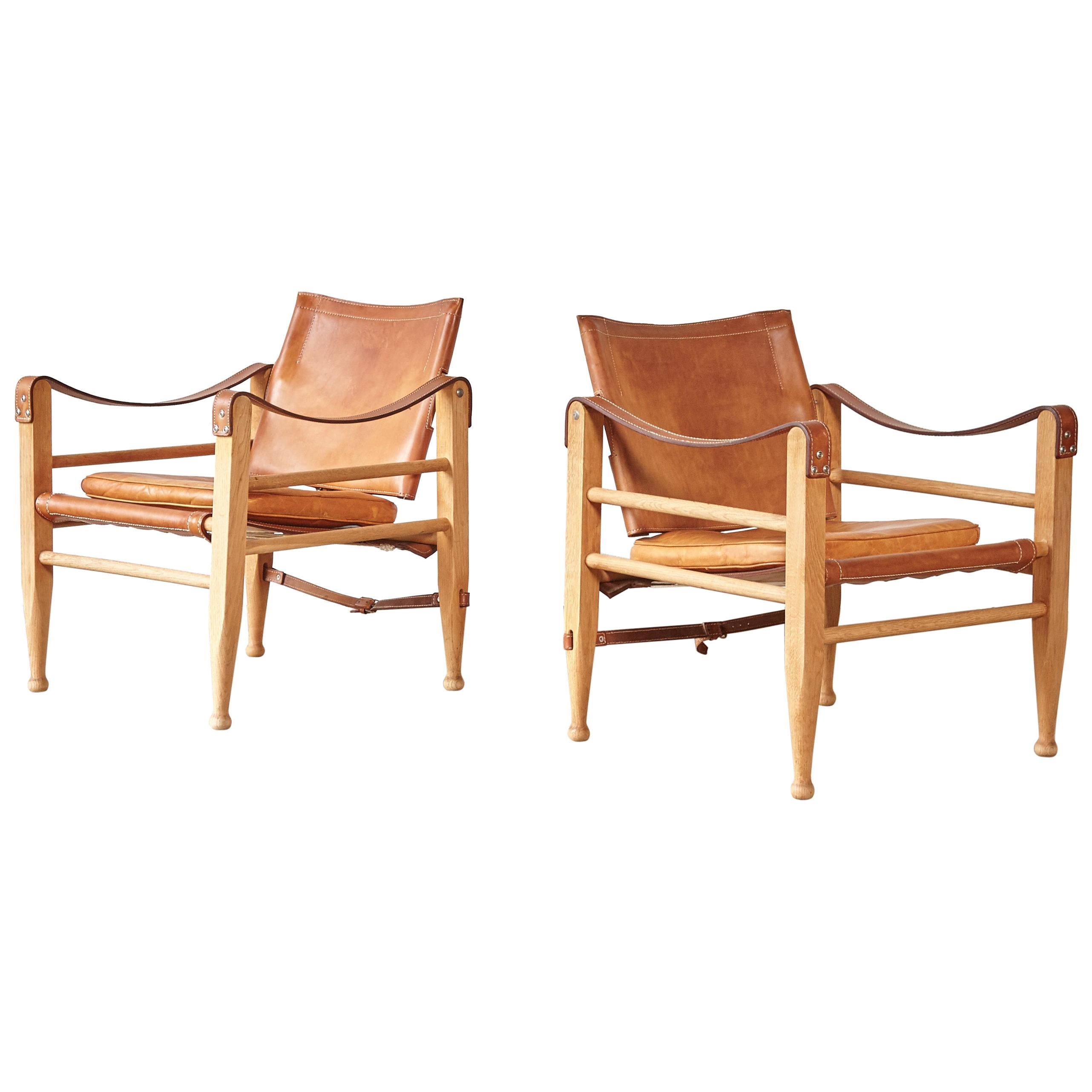 Aage Bruun and Son Safari Chairs in Patinated Tan Leather, Denmark, 1960s