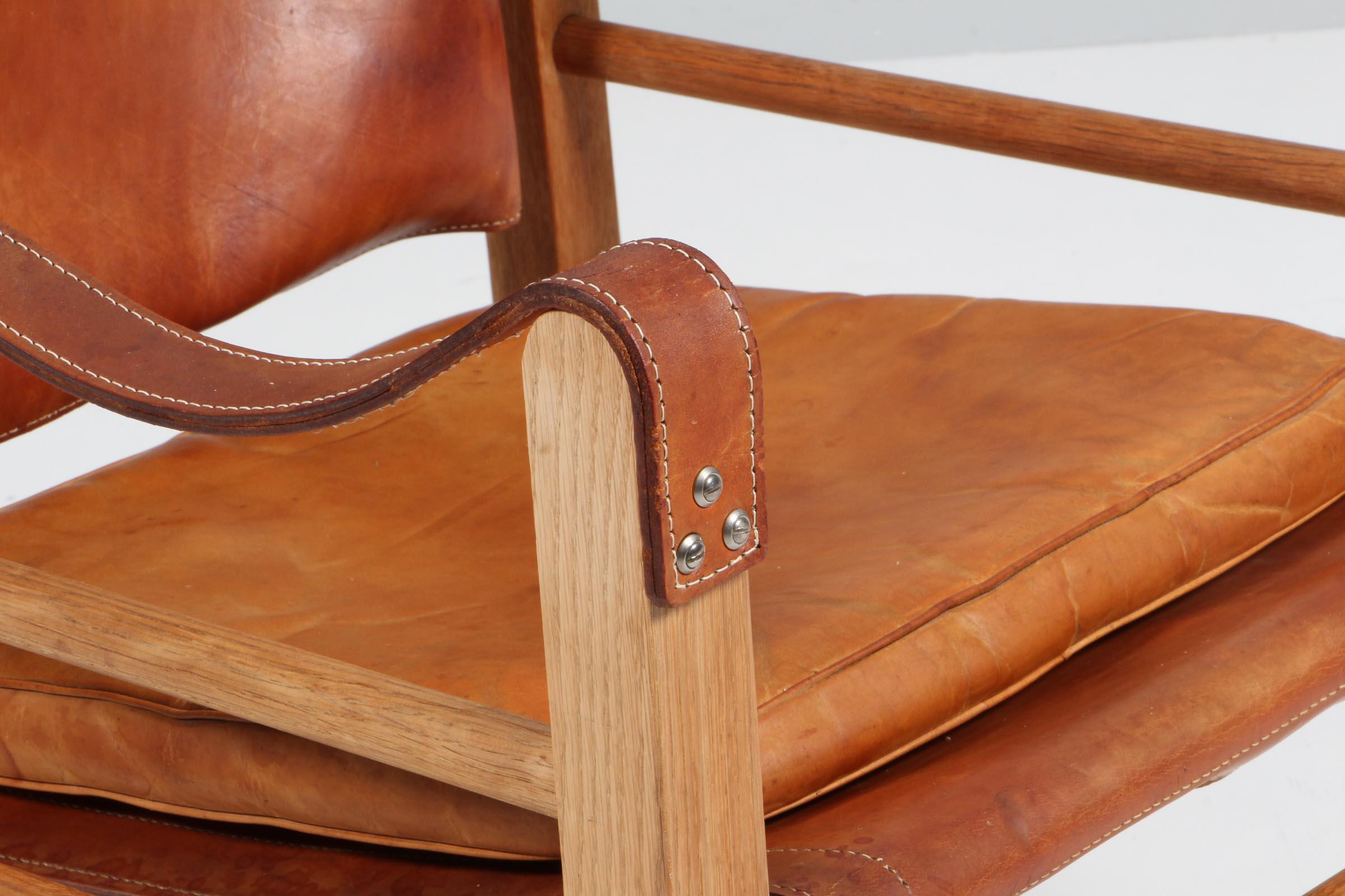 Danish Aage Bruun & Son Safari Chair in Patinated Saddle Leather, 1960s