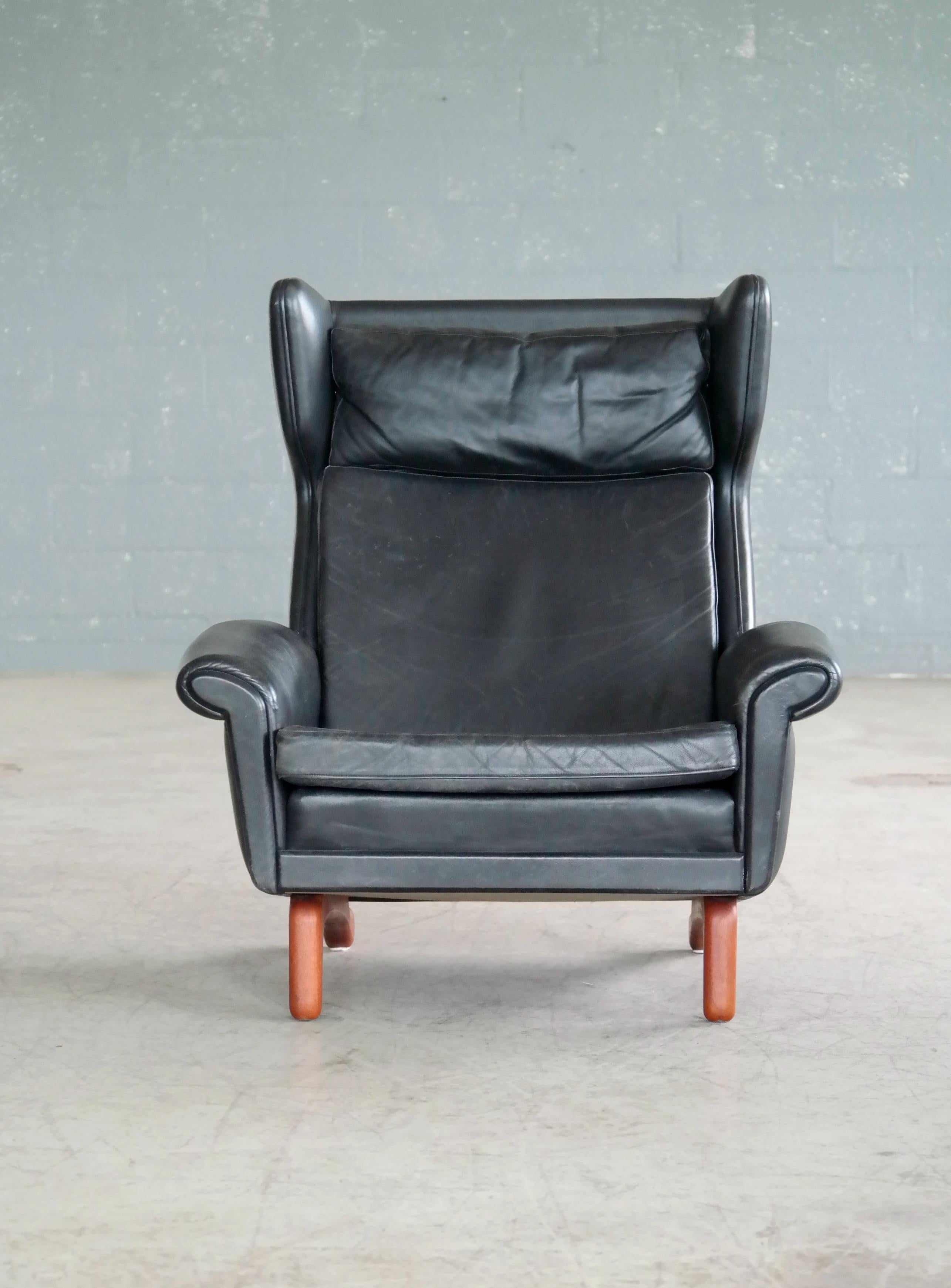 Danish Aage Christensen Model Diplomat High Back Lounge Chair in Black Leather